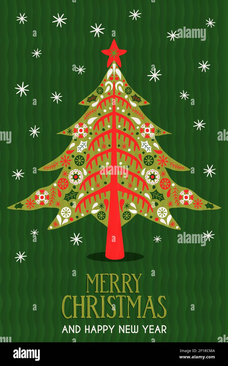 Allegro Natale felice anno nuovo biglietto d'auguri illustrazione. Tradizionale pineta d'arte scandinava con decorazioni invernali disegnate a mano. Fiocco di neve d'epoca Illustrazione Vettoriale