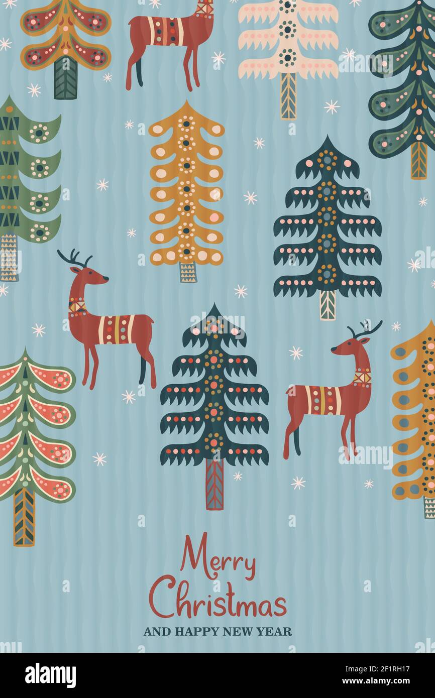 Buon natale felice anno nuovo biglietto di benvenuto illustrazione con annata arte scandinava pino e sfondo foresta di renne. Shap geometrico retrò Illustrazione Vettoriale