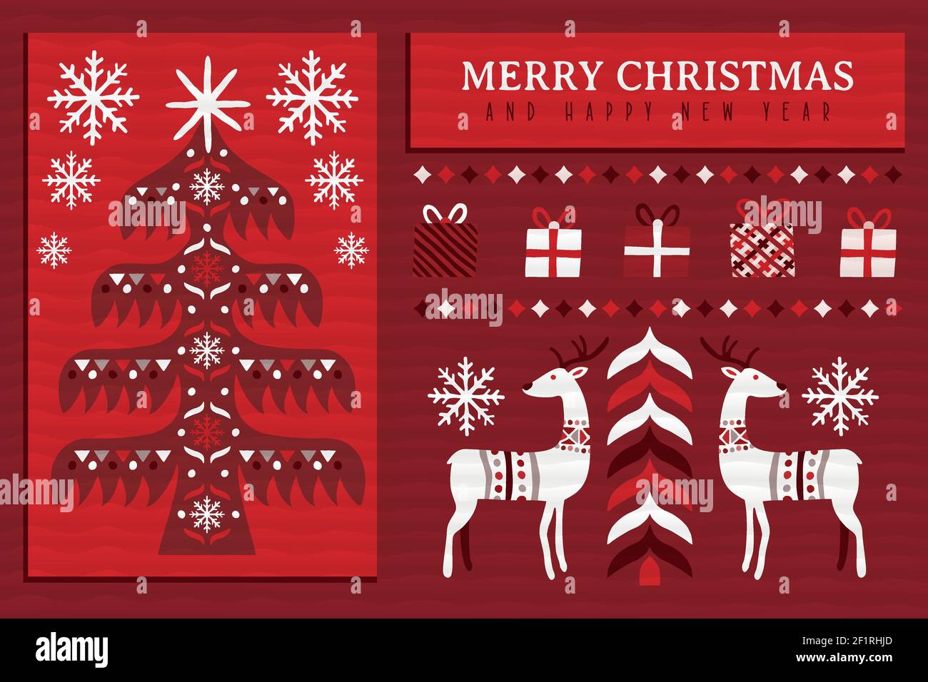 Allegro Natale felice Capodanno biglietto di benvenuto illustrazione in stile retrò folk arte. Festivo design per le vacanze con decorazione nordica vintage. Include perno Illustrazione Vettoriale