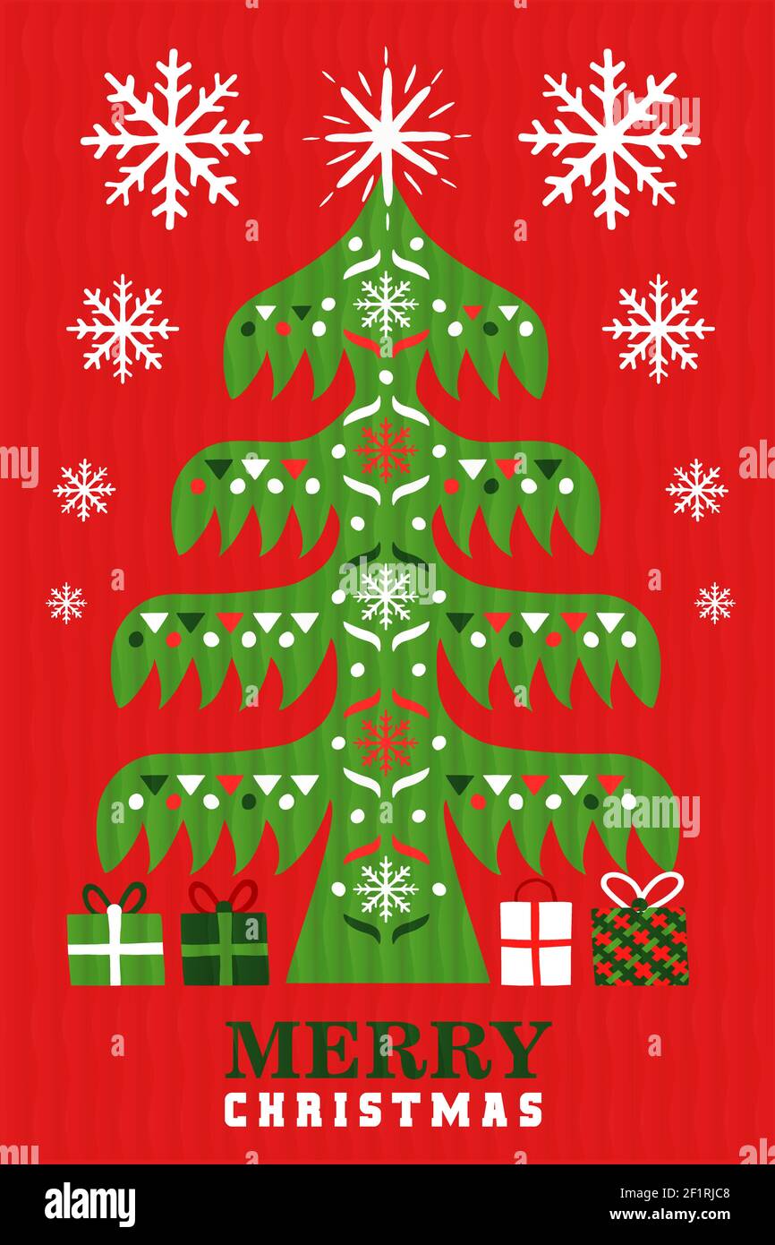 Allegro Natale biglietto d'auguri illustrazione. Tradizionale pineta d'arte scandinava con decorazioni invernali disegnate a mano. Fiocco di neve d'epoca, regalo e geom Illustrazione Vettoriale