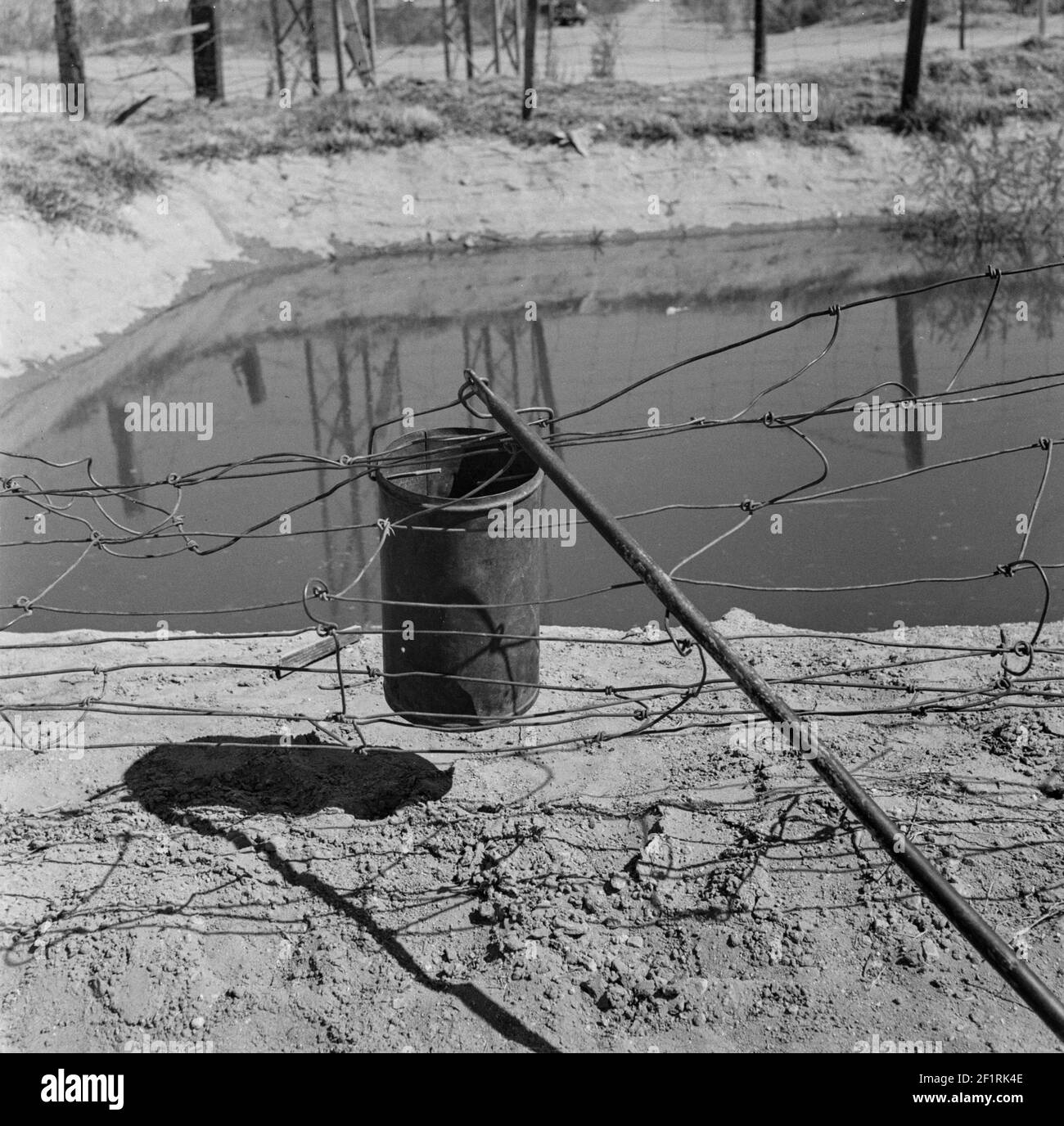 Approvvigionamento di acqua: Un bacino di insediamento aperto dalla foschia di irrigazione in un campo di squatter della California vicino a Calipatria, California. - Fotografia di Dorotea Lange Foto Stock