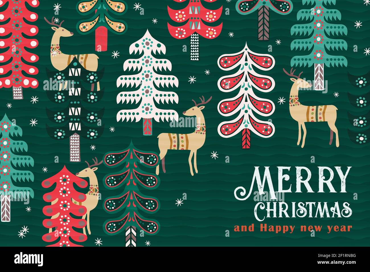 Allegro Natale felice Capodanno biglietto di benvenuto illustrazione, annata foresta d'arte scandinava con colorato pino e renne. Tradizionale centro Illustrazione Vettoriale