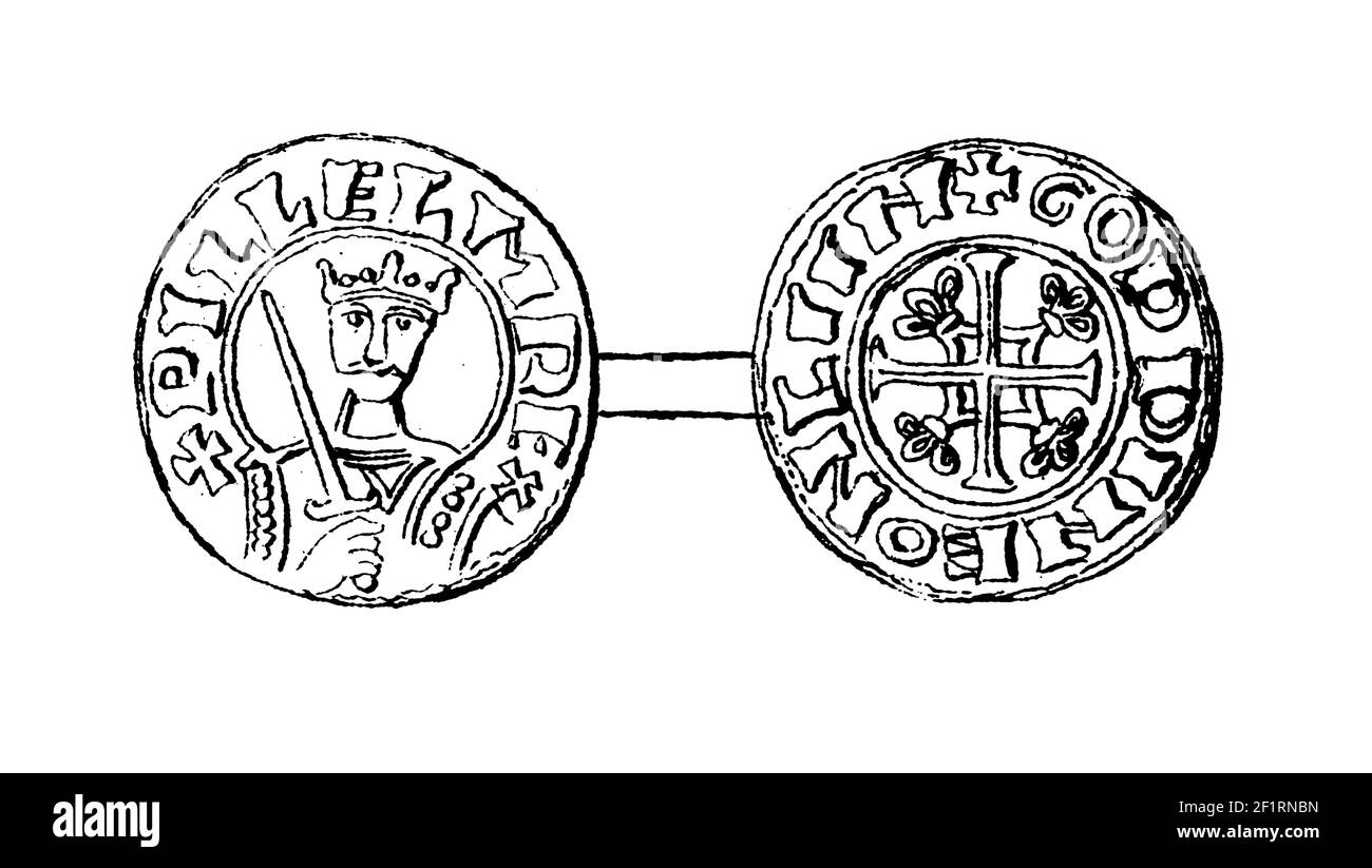 Antica illustrazione del XIX secolo di un ritratto di Guglielmo il Conquistatore, re d'Inghilterra e duca di Normandia. È nato nel 1027 a Falaise, in Francia Foto Stock