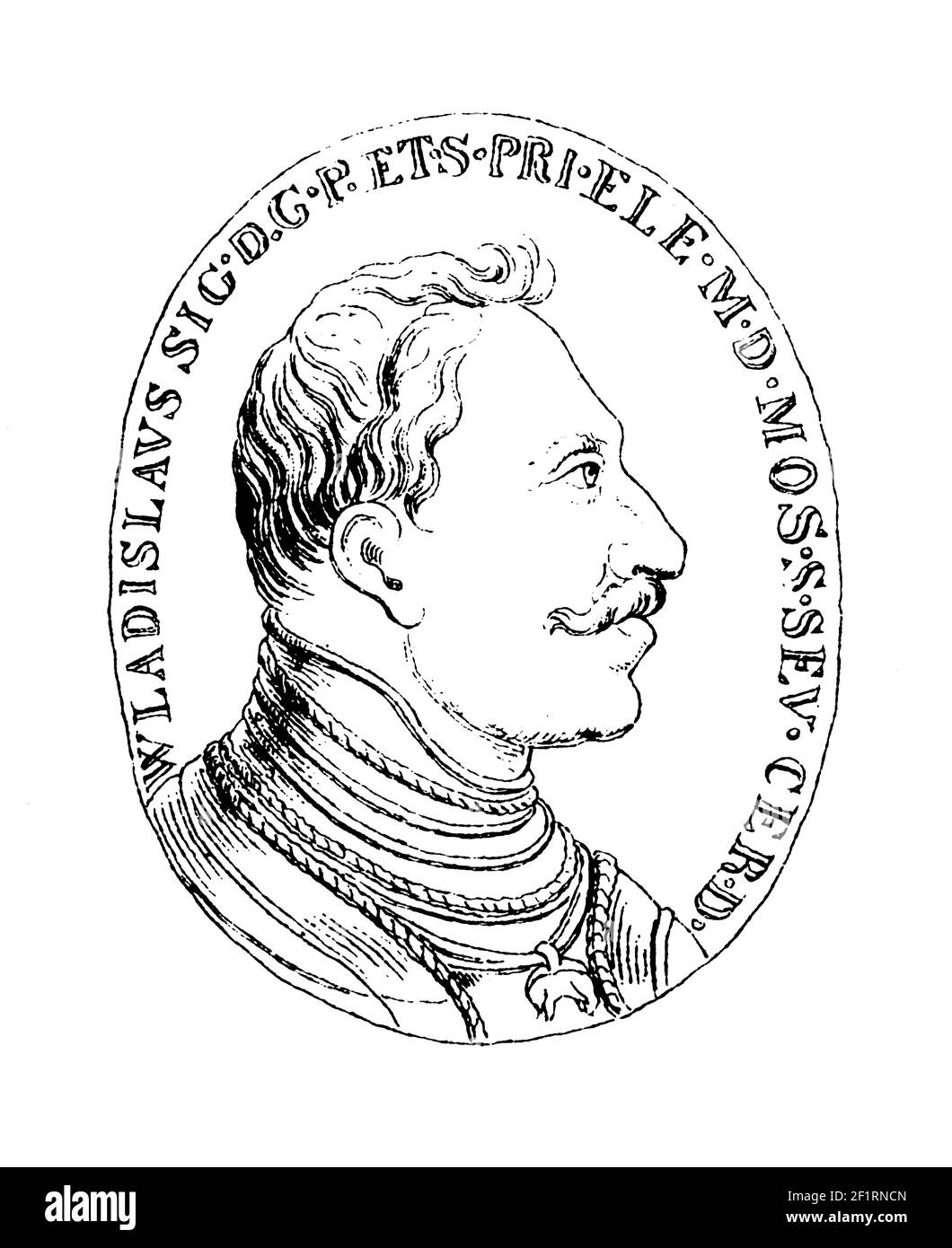 Antica incisione ottocentesca di un ritratto di Wladyslaw IV Vasa, re del Commonwealth polacco-lituano. È nato il 9 giugno 1595 a Lobzov, Foto Stock