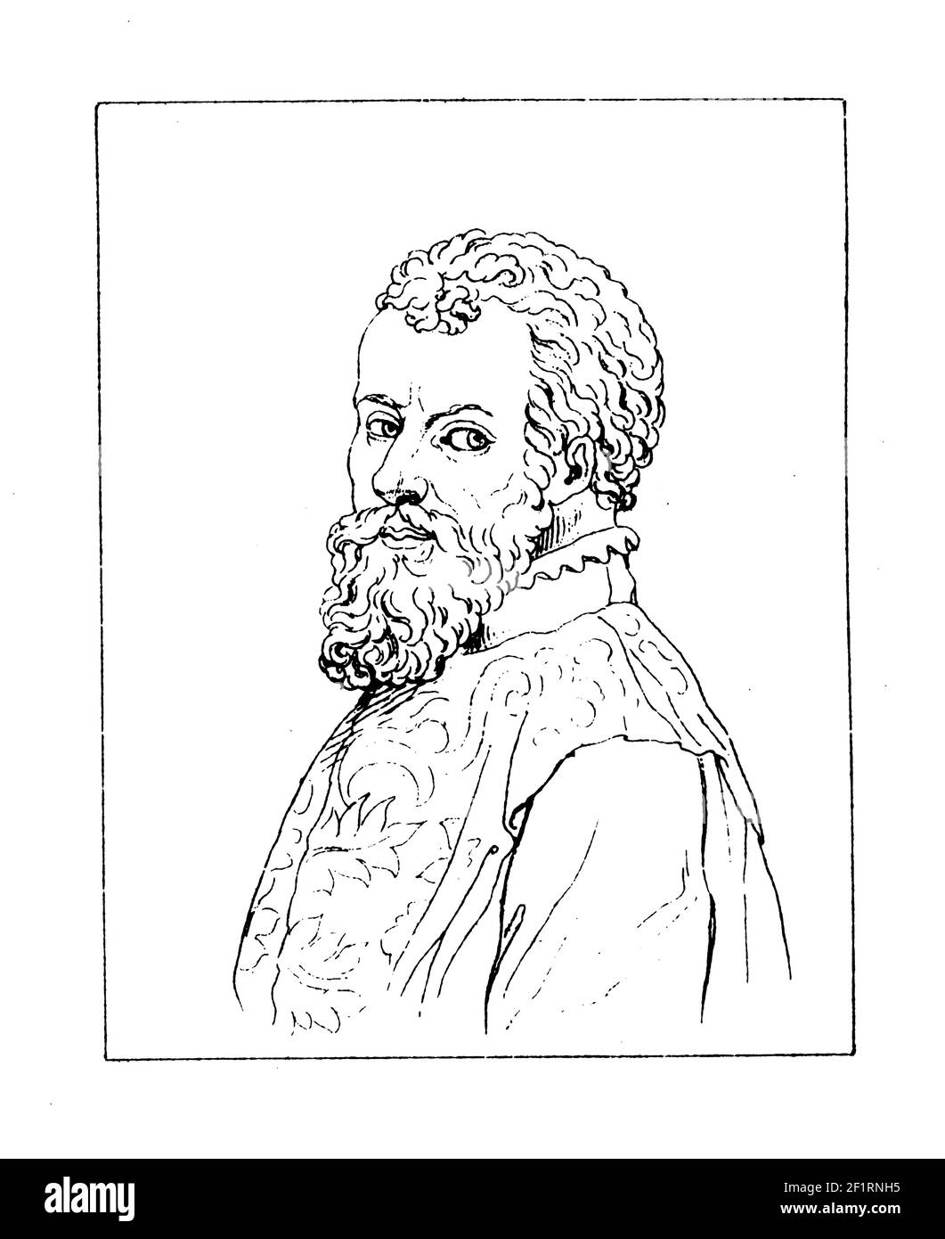 Antica illustrazione di un ritratto di Andreas Vesalius, anatomista e medico. È nato il 31 dicembre 1514 a Bruxelles, in Belgio, e muore a ottobre Foto Stock