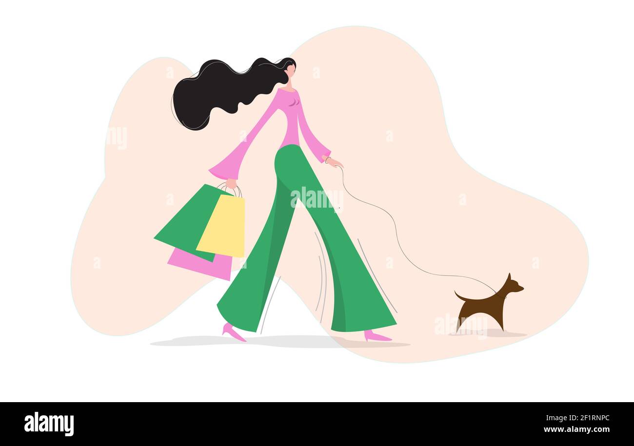 Donna alla moda che cammina con borse e un cane. Immagine vettoriale in stile piatto di una donna shopping e camminare all'aperto. Design minimalista con Illustrazione Vettoriale