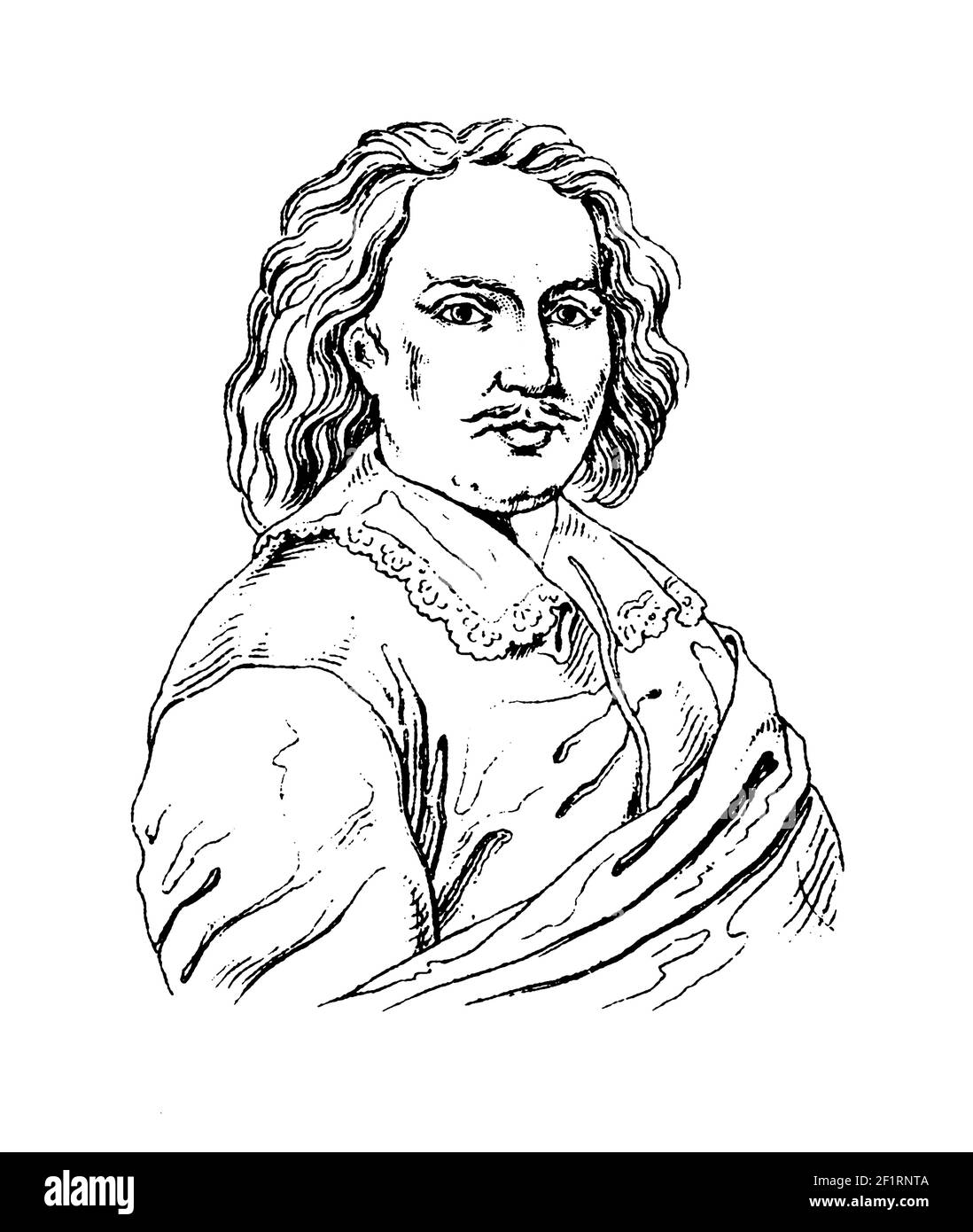 Incisione antica di un ritratto di Bartolome Esteban Murillo, pittore barocco spagnolo. Nato il 31 dicembre 1617 a Siviglia, in Spagna, morì Foto Stock