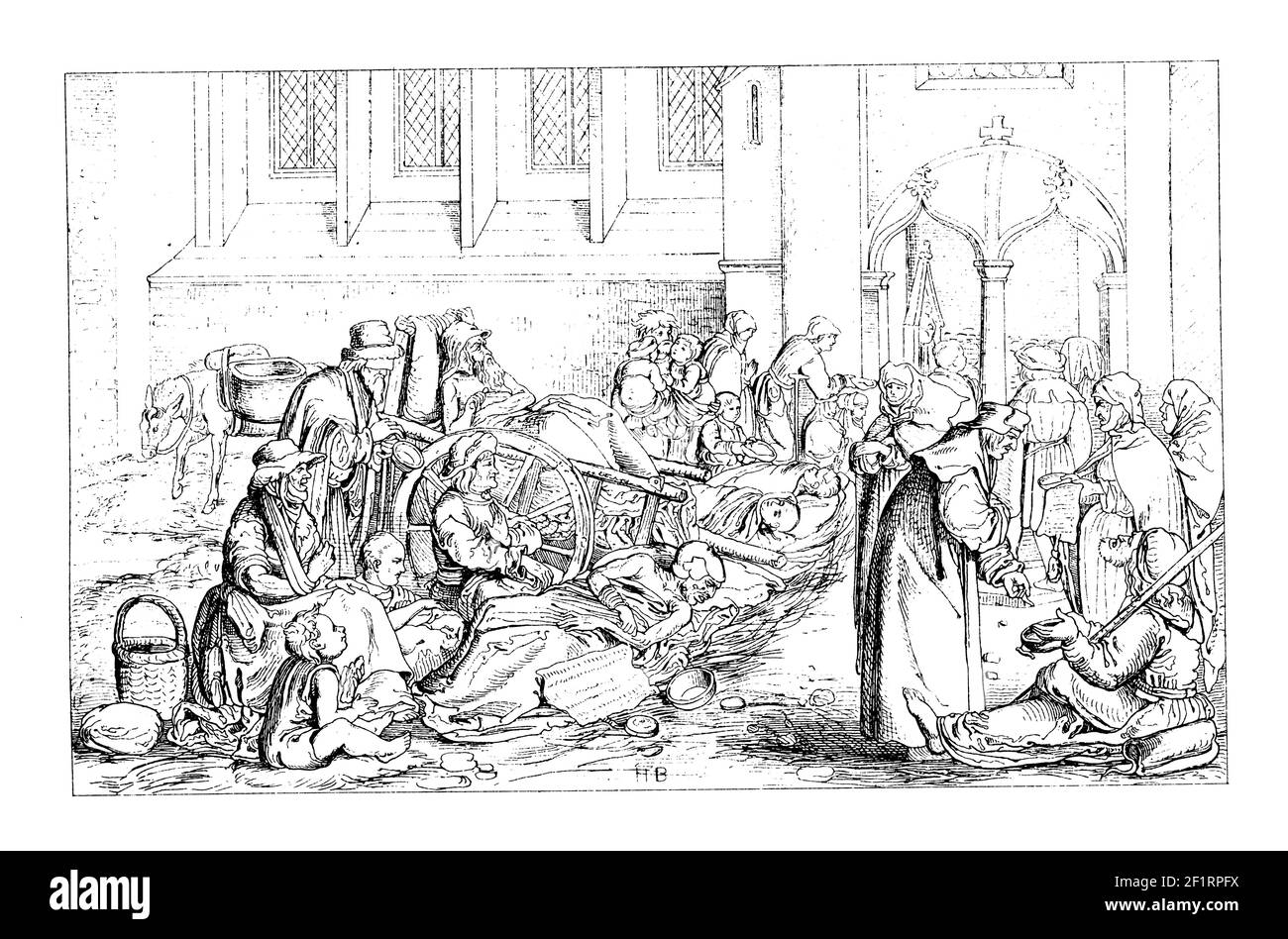 Antica illustrazione del XIX secolo del dipinto di H. Burgkmair di mendicanti di fronte a una chiesa. Pubblicato in Bilder-Atlas zur Weltgeschichte nach Kunstw Foto Stock