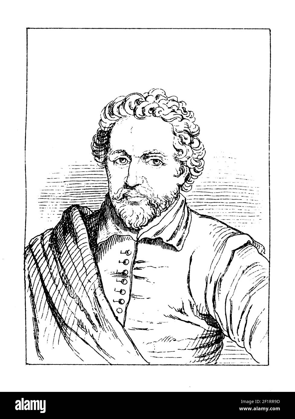 Antica illustrazione del XIX secolo di un ritratto di Benjamin Jonson, drammaturgo, poeta e attore inglese del Rinascimento. Nato il 11 giugno 1572 a Westminste Foto Stock