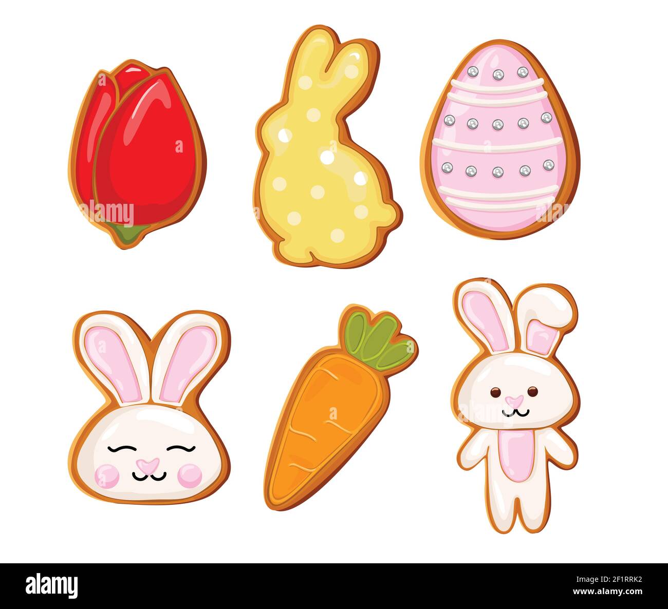 Icona dei biscotti pasquali con pan di zenzero, festa di Pasqua, uova colorate, carote e coniglietto. Vettore Pasqua Illustrazione Vettoriale