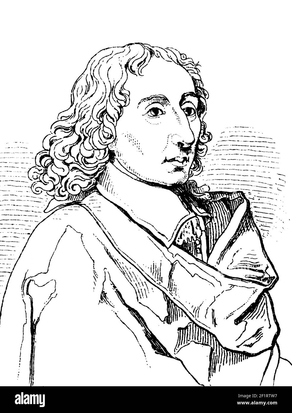 Incisione antica di un ritratto di Blaise Pascal, matematico francese, fisico e filosofo religioso. Ha contribuito a creare due nuove aree principali di Foto Stock