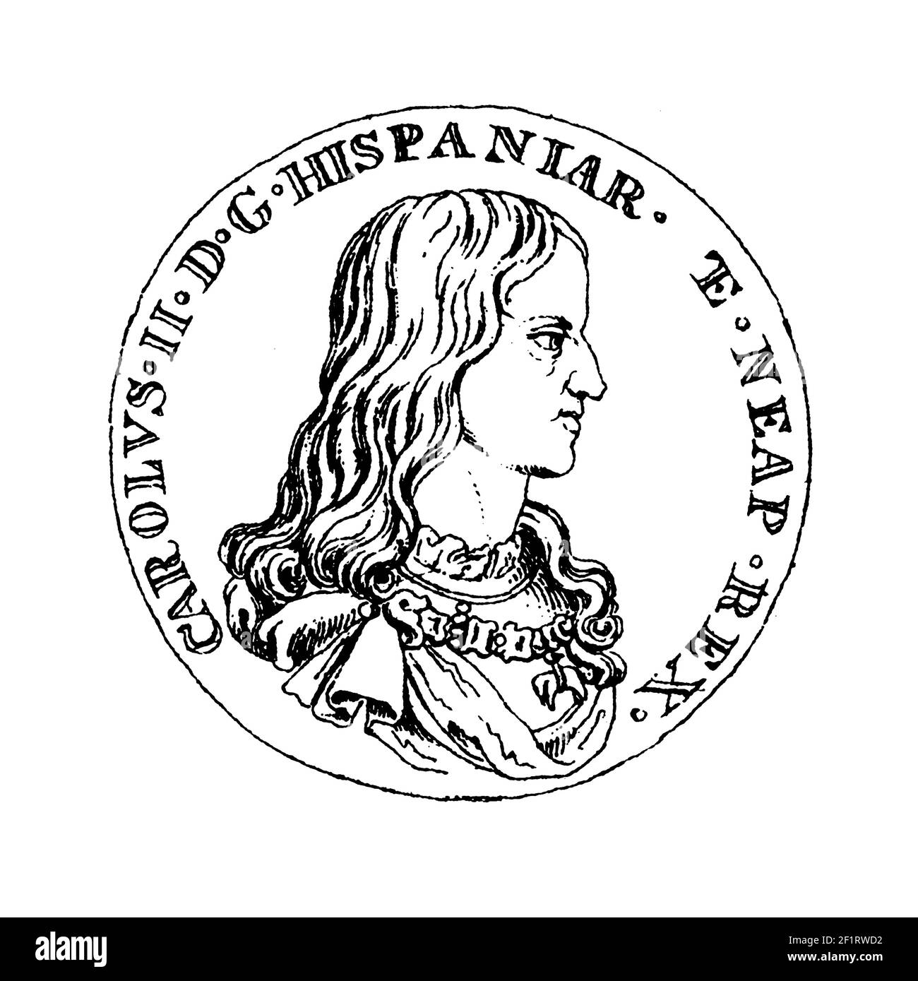 Incisione ottocentesca di un ritratto di Carlo II, ultimo re asburgico di Spagna. Nato il 6 novembre 1661 a Madrid, in Spagna, morì il 1 novembre, Foto Stock