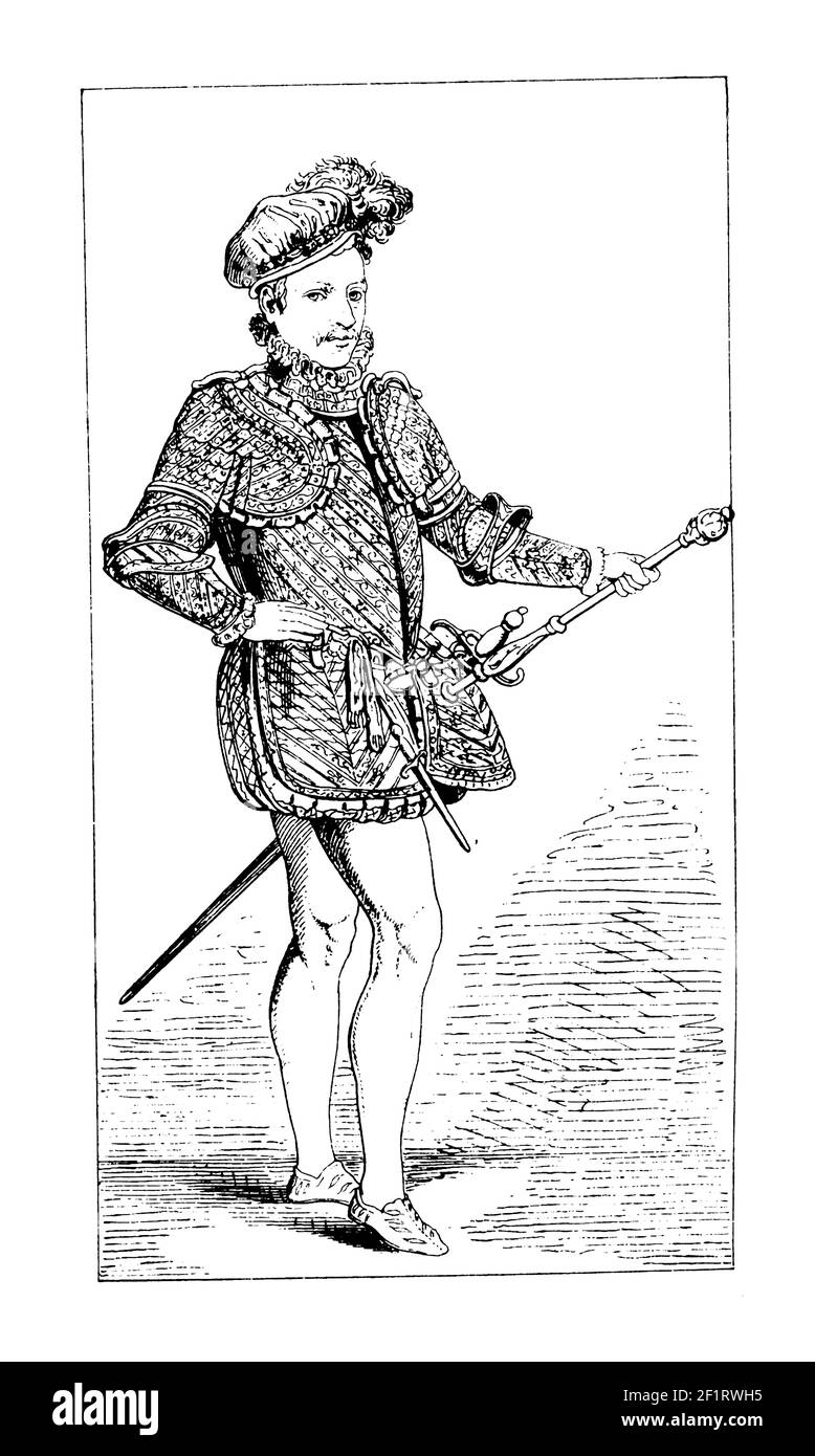 Incisione d'epoca di un ritratto di Carlo IX, re di Francia. Nato il 27 giugno 1550 a Saint-Germain-en-Laye, in Francia, morì il 30 maggio 1574 a Vinc Foto Stock