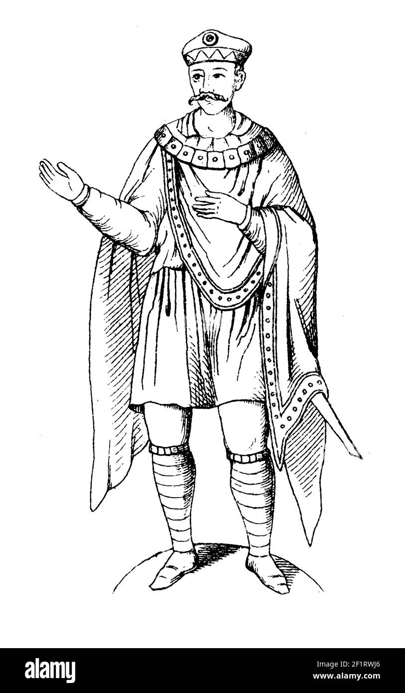 Antica illustrazione di un ritratto di Carlo il Grande, Re dei Franchi dal 768 al 814. È considerato il fondatore sia del monare francese che di quello tedesco Foto Stock