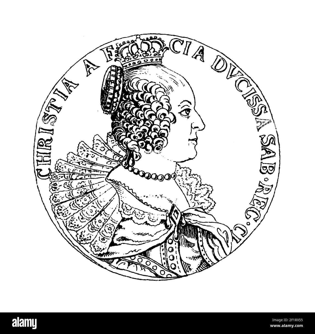 Antica illustrazione di un ritratto di Cristina di Lorena, Granduchessa di Toscana. Nacque il 6 agosto 1565 a Nancy, in Francia, e morì il 6 dicembre Foto Stock