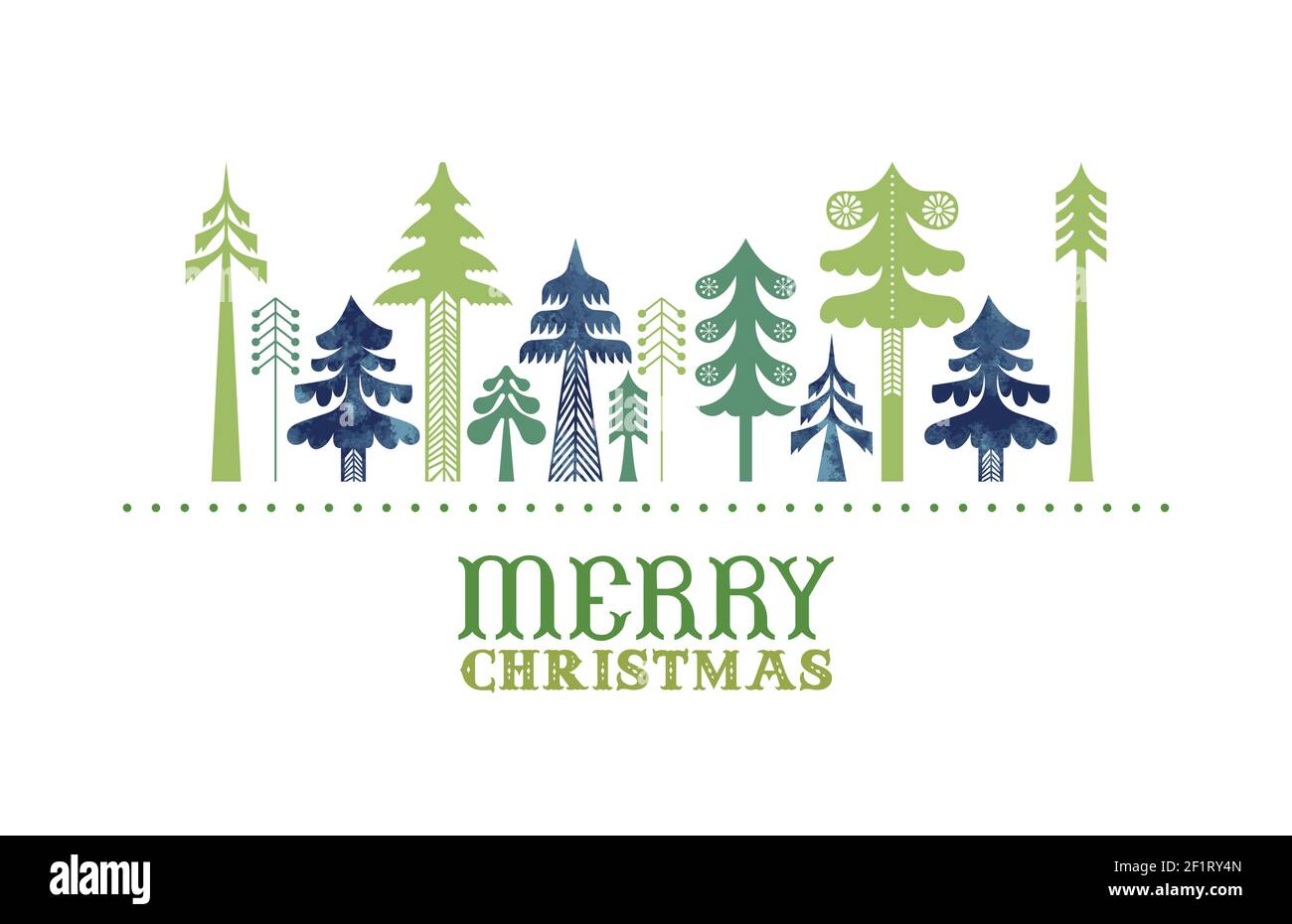 Allegro biglietto di auguri di Natale illustrazione di alberi di pino tradizionale arte popolare verde in tessitura acquerello. Design geometric vintage nordico per le vacanze Illustrazione Vettoriale