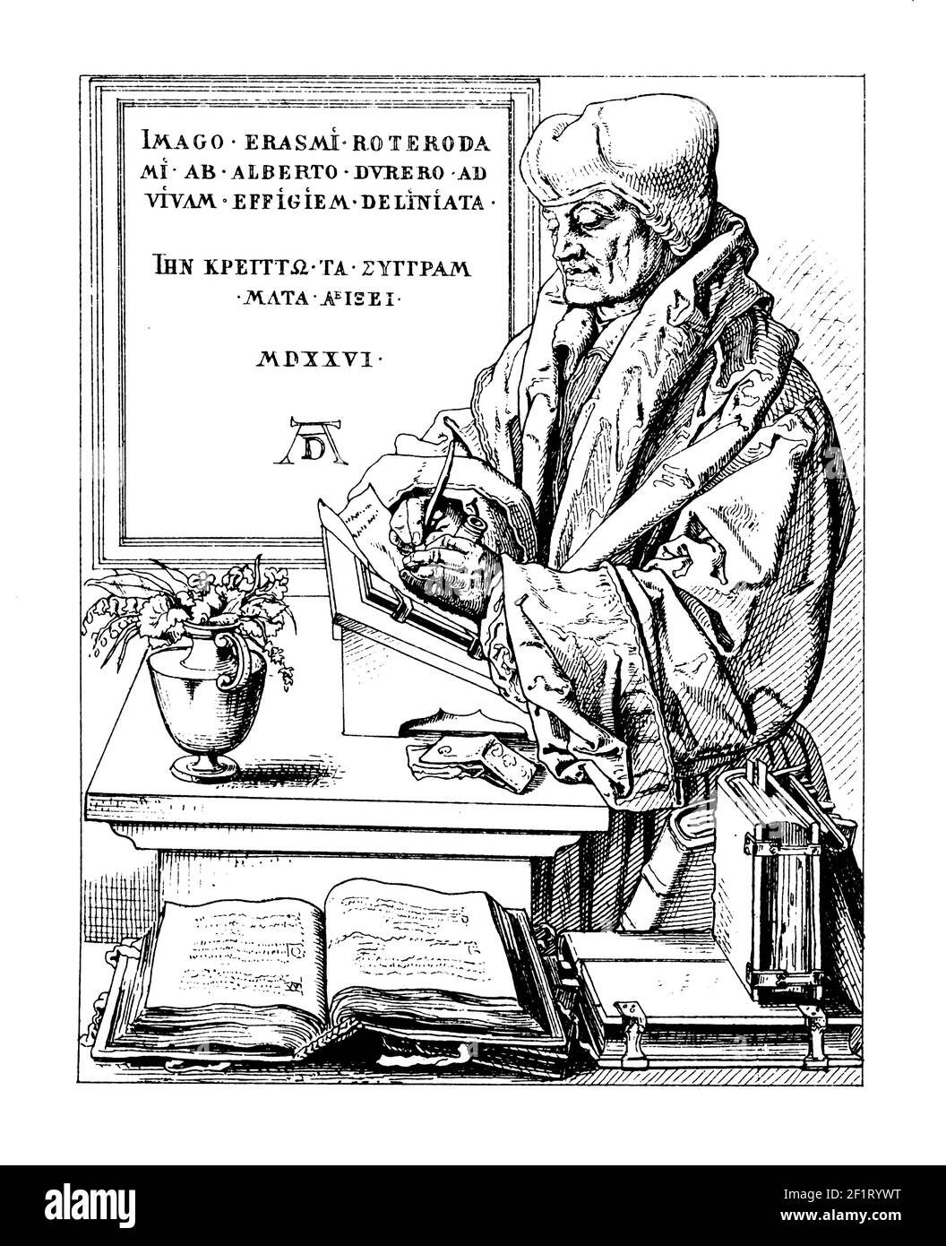 Illustrazione del XIX secolo di un ritratto di desiderio Erasmo, umanista del Rinascimento olandese e teologo cattolico. Erasmus è nato il 27 ottobre 146 Foto Stock