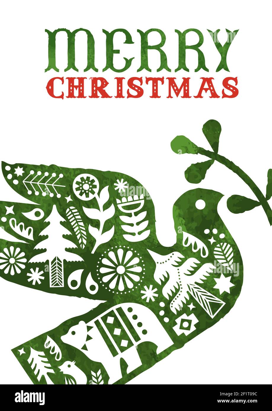 Buon biglietto d'auguri natalizio, decorazione d'arte scandinava d'epoca all'interno dell'uccello acquerello per un invito di vacanza o un saluto stagionale. Include pino Illustrazione Vettoriale