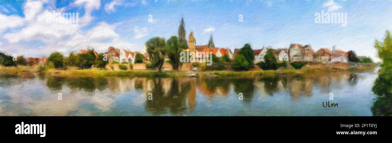 Una pittura digitale ad olio vista panoramica della città di Ulm nel sud della Germania con il Danubio in Foto Stock