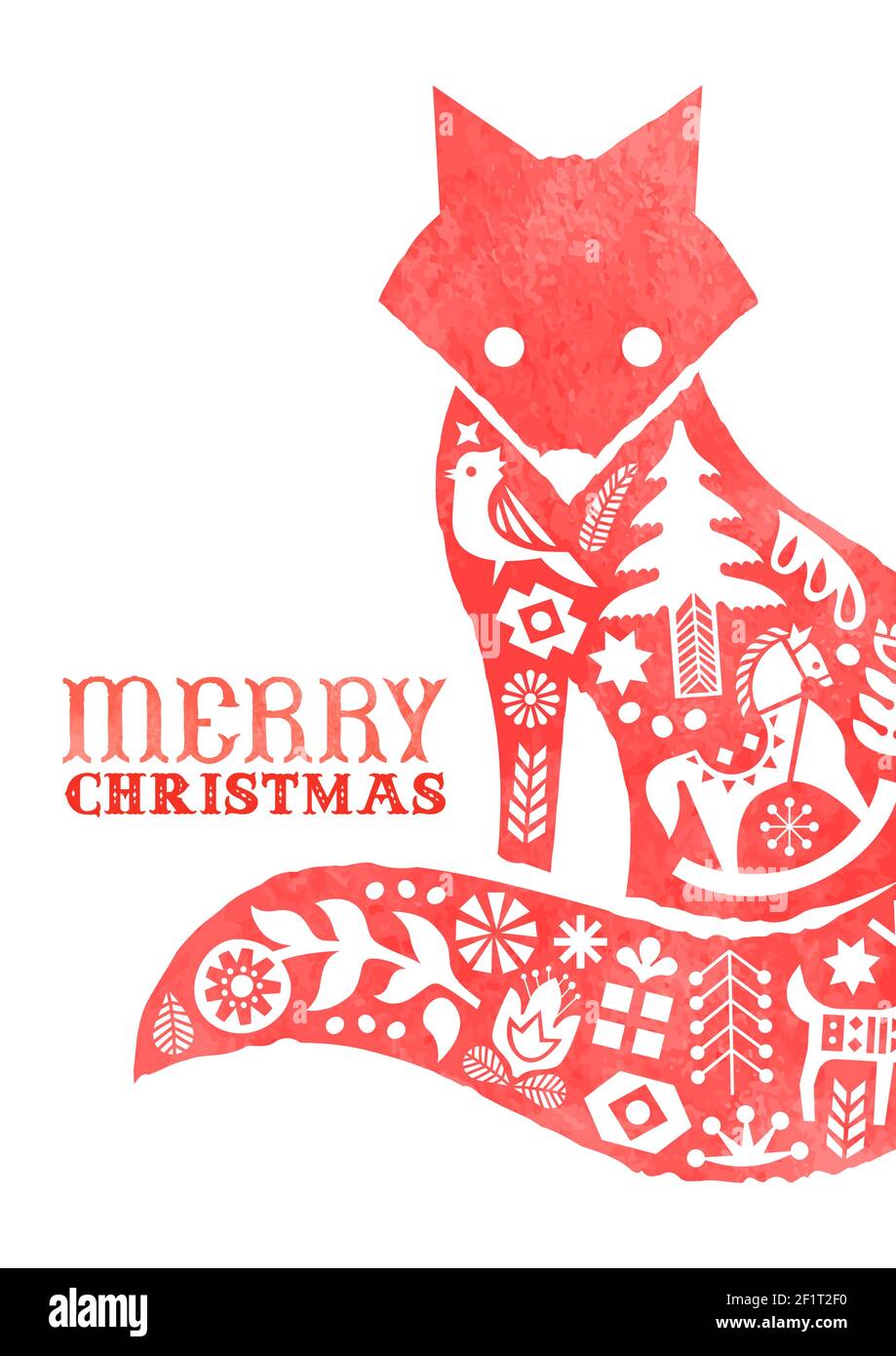 Allegro biglietto d'auguri natalizio, decorazione d'arte scandinava d'epoca all'interno di un animale volpe acquerello per un invito di vacanza o un saluto stagionale. Include Illustrazione Vettoriale