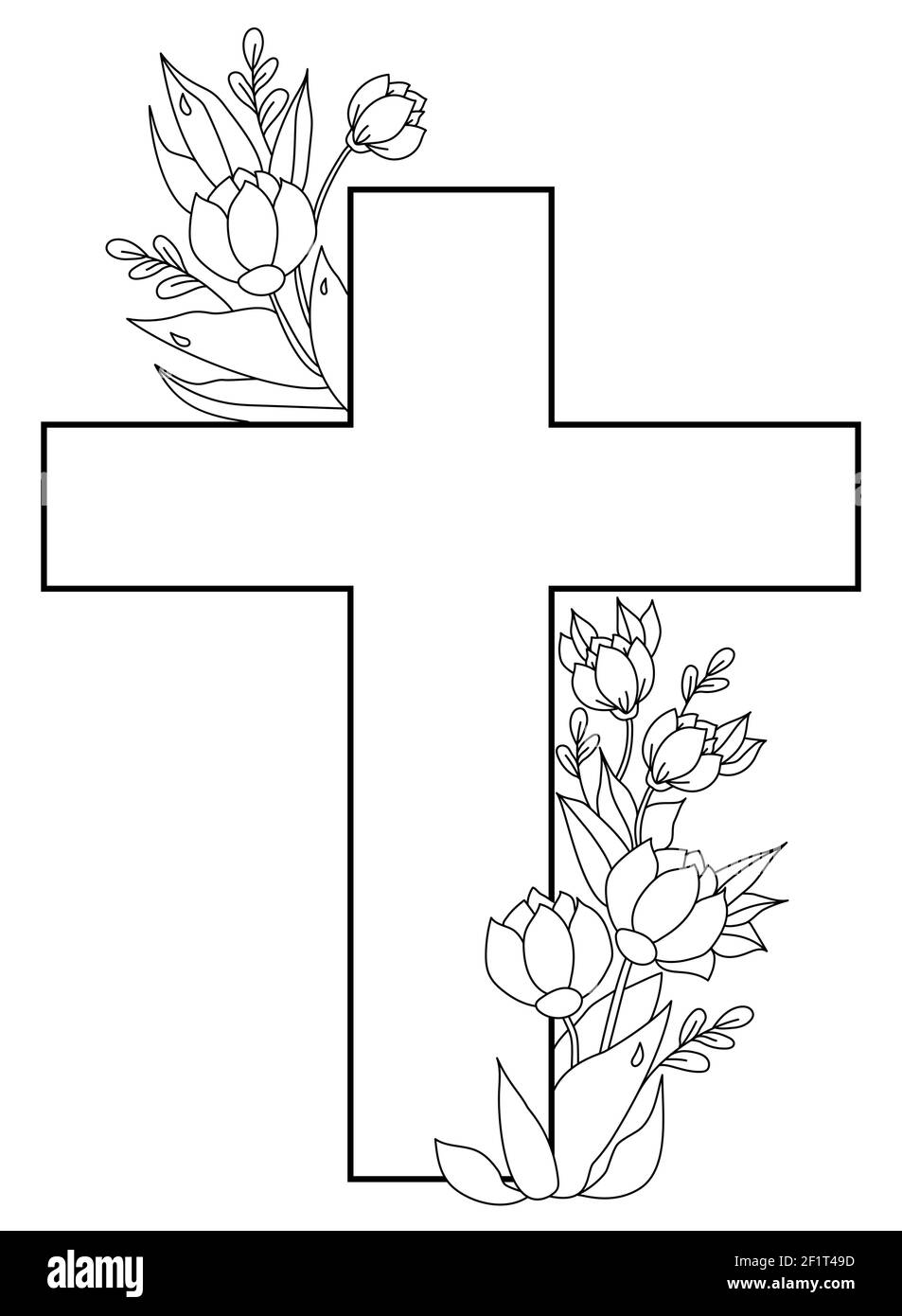 Pasqua, Cristo è risorto. Cartolina - Grande Croce, intrecciata con un bouquet di fiori, boccioli e foglie con gocce di rugiada. Vettore. Ornamento, linea nera, outli Illustrazione Vettoriale