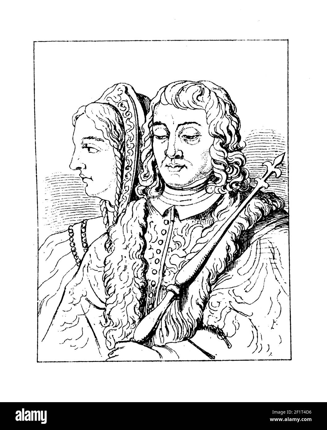 Illustrazione ottocentesca di un ritratto di Ferdinando II e di sua moglie Isabella I. incisione pubblicata su Bilder-Atlas zur Weltgeschichte nach Kunstwerk Foto Stock
