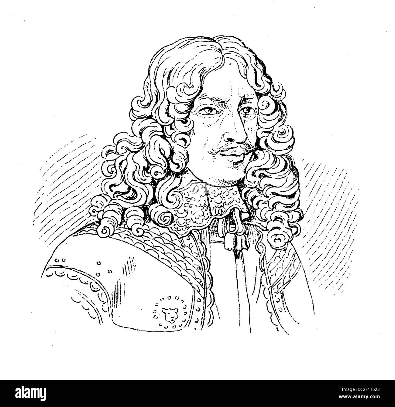 Antica illustrazione di un ritratto di Francois di Borbone-Vendome, duca di Beaufort. Nato il 16 gennaio 1616 a Parigi, in Francia, Francois morì a giugno Foto Stock