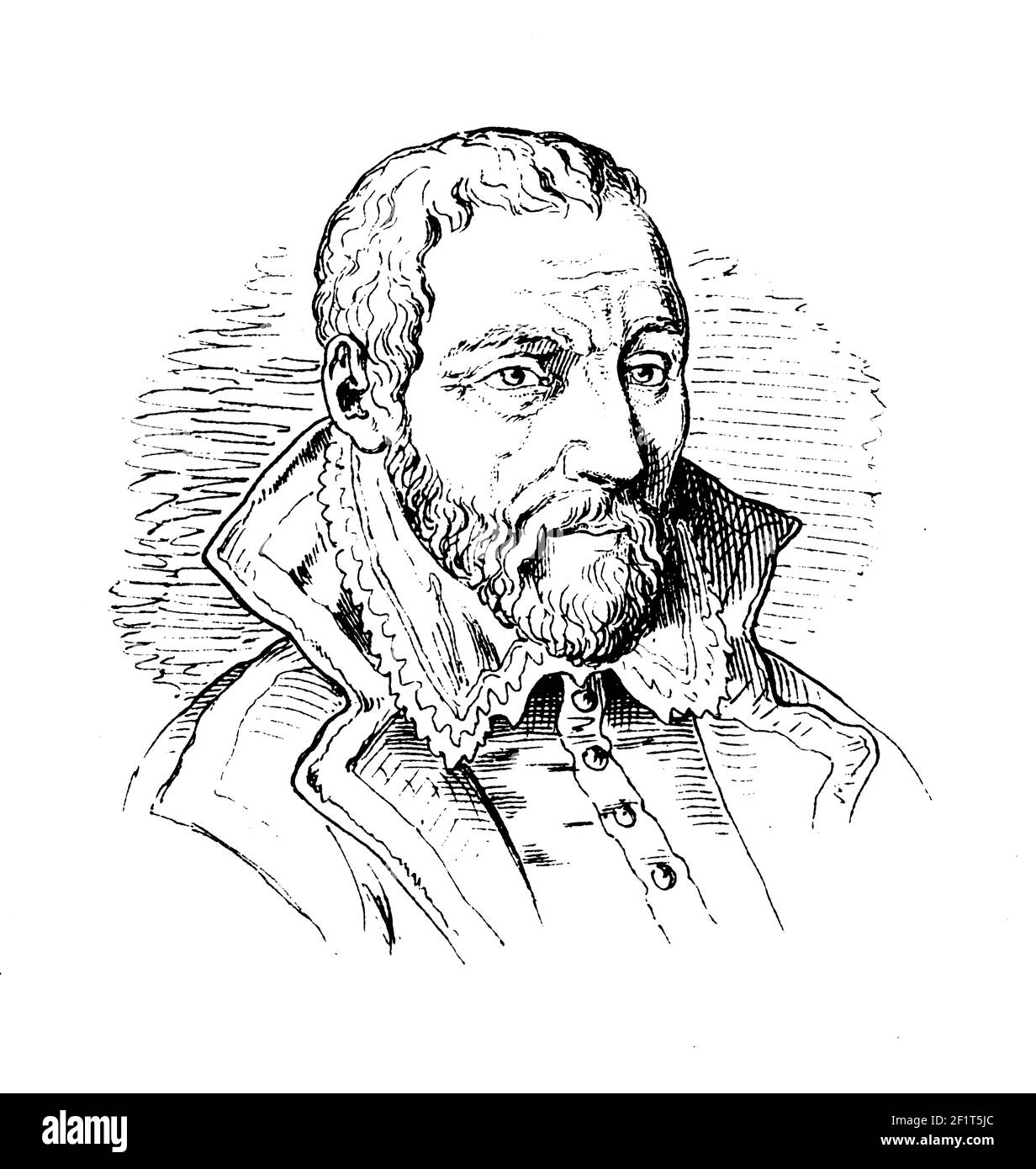 Antica incisione del XIX secolo di un ritratto di Lord Gaspard de Coligny, Ammiraglio di Francia. È nato il 16 febbraio 1519 a Chatillon-Coligny, fra Foto Stock