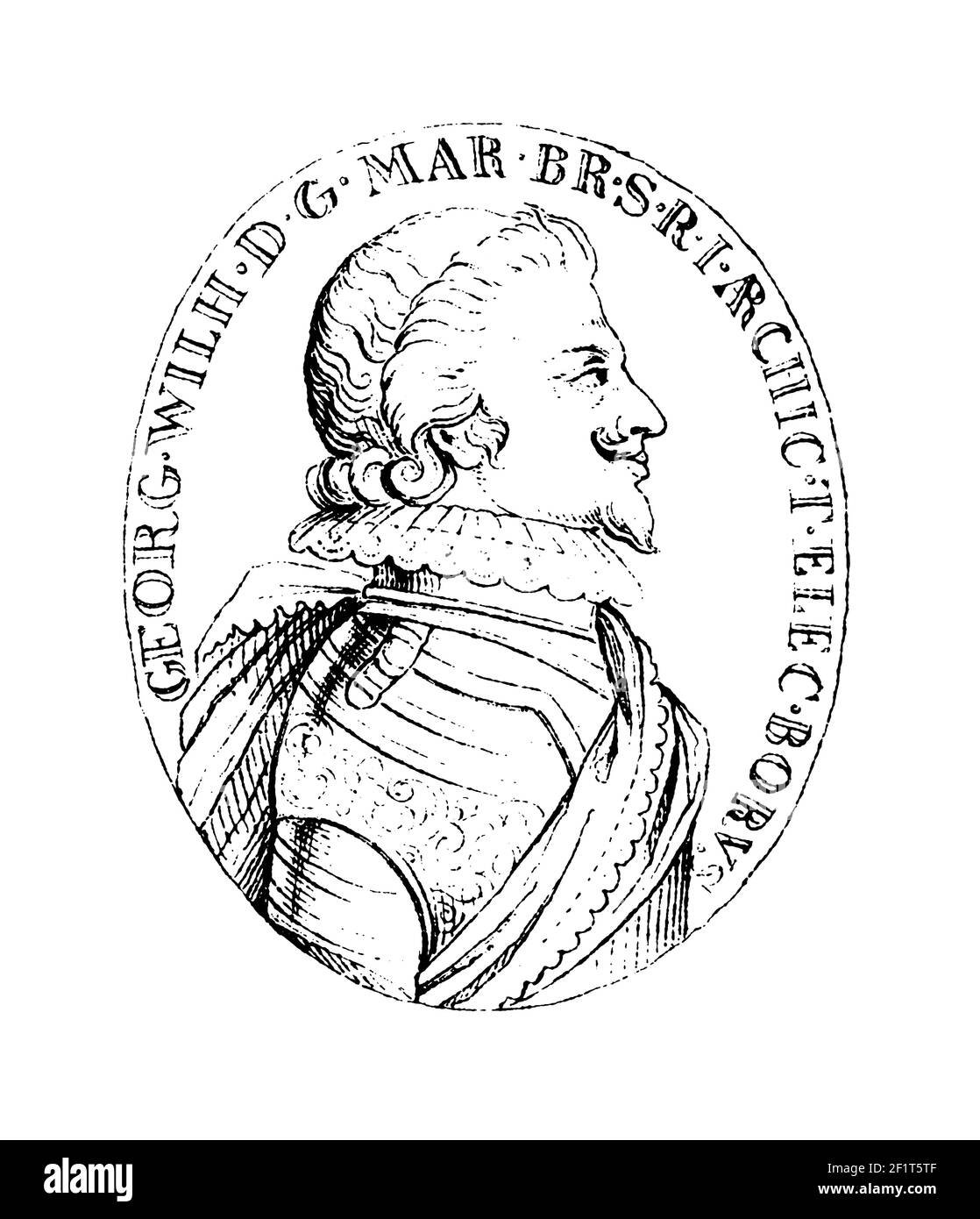 Antica incisione del XIX secolo di un ritratto di Giorgio Guglielmo, Margravio ed elettore di Brandeburgo e Duca di Prussia. È nato il 13 novembre 1 Foto Stock