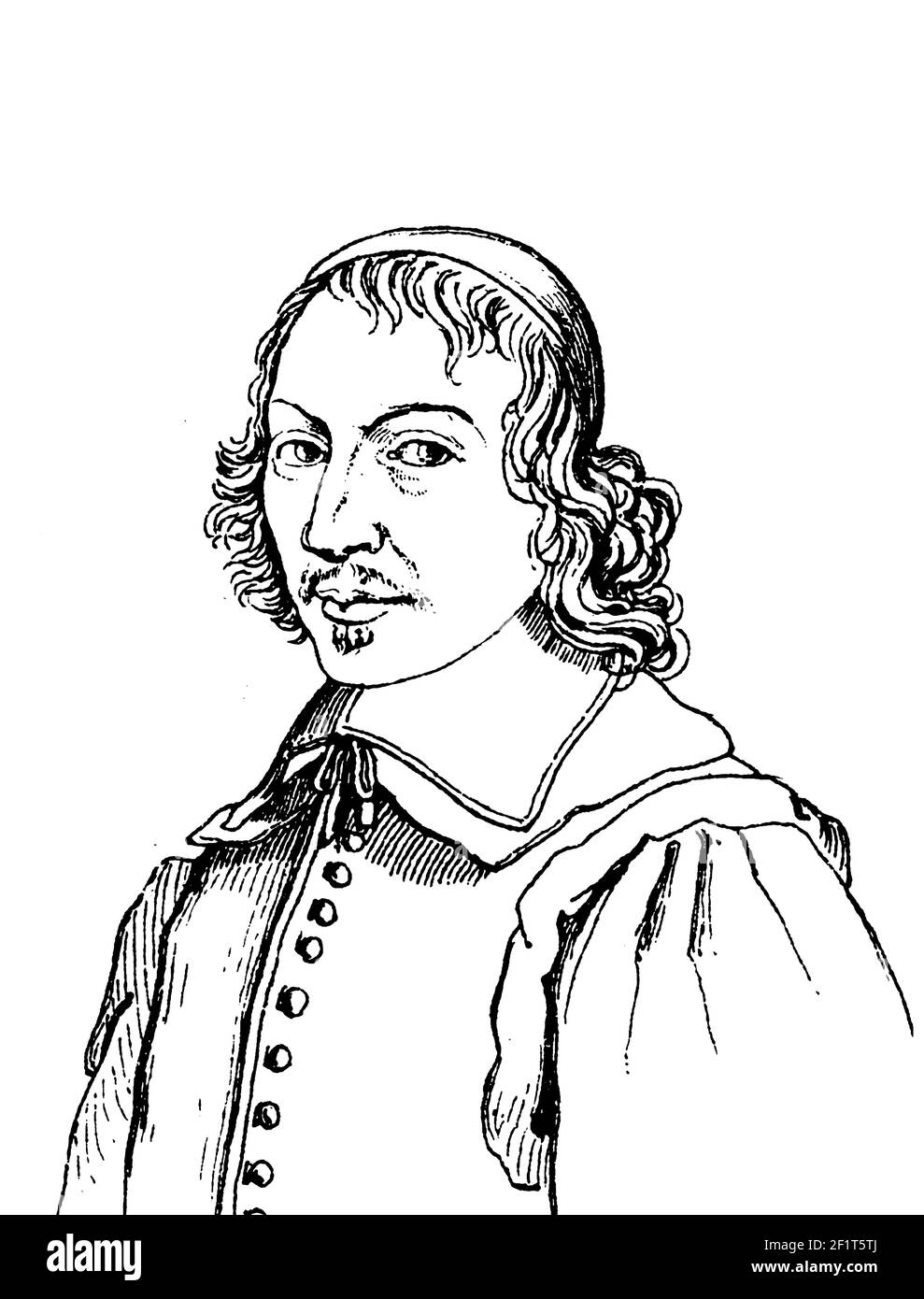 Incisione antica di un ritratto di Gilles Menage, studioso francese. Nato il 15 agosto 1613 ad Angers, in Francia, morì il 23 luglio 1692 a Parigi, Foto Stock