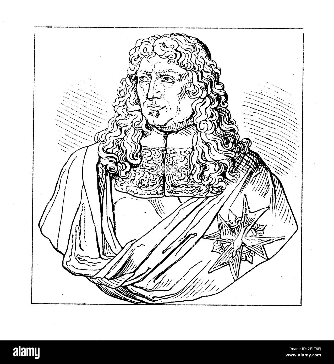 Antica illustrazione del XIX secolo di un ritratto di Jean-Baptiste Colbert, ministro francese delle finanze. Colbert è nato il 29 agosto 1619 a Reims, p. Foto Stock