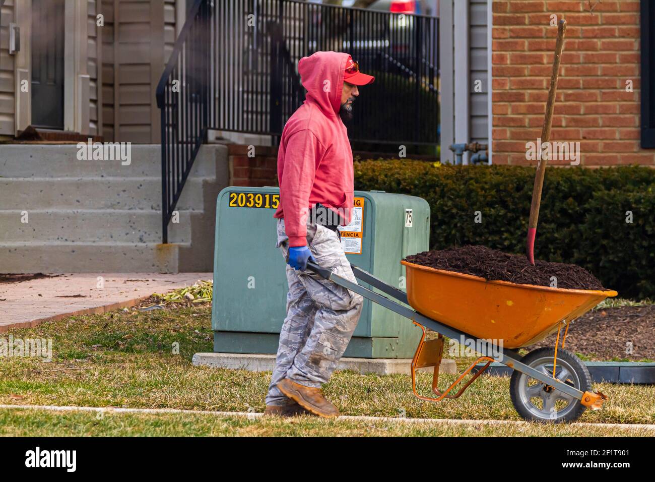 Clarksburg, MD, USA 03-03-3021: Un uomo latino con una barba di capra che indossa una felpa con cappuccio rossa, pantaloni camouflage e stivali da lavoro sta portando un carriola con Foto Stock