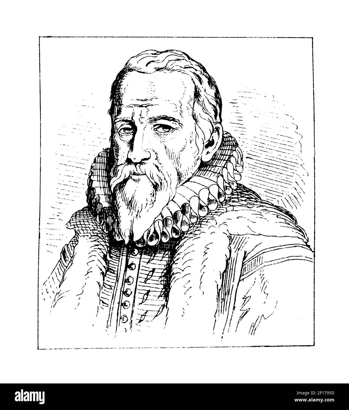 Incisione antica di un ritratto di Johan van Oldenbarnevelt, statista olandese. È nato il 14 settembre 1547 ad Amersfoort, Paesi Bassi, e muore Foto Stock