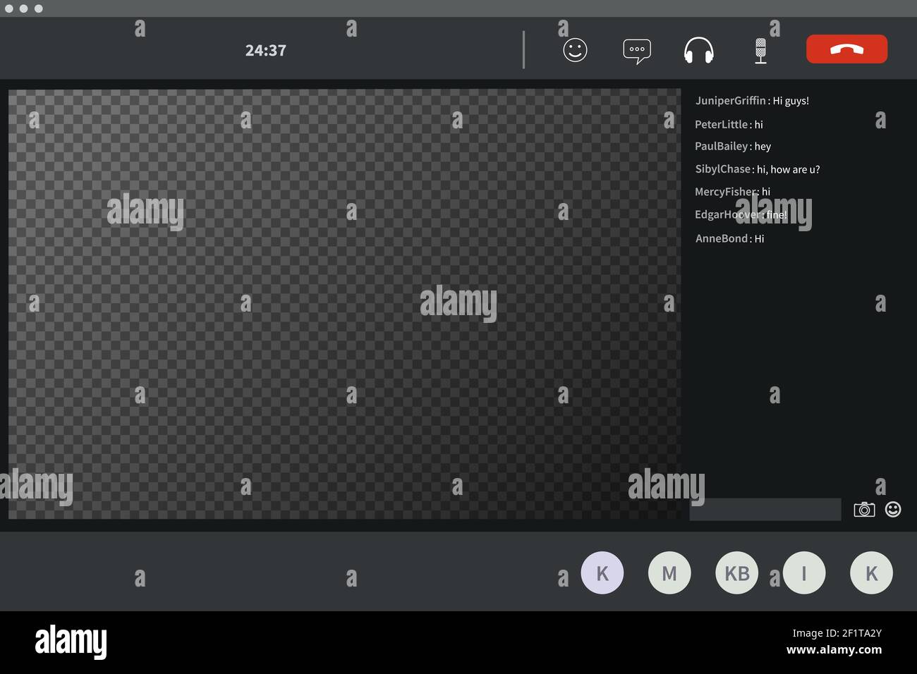 Modello di schermo di videoconferenza, software moderno per riunioni virtuali, lavoro remoto o lezioni su sfondo trasparente Illustrazione Vettoriale