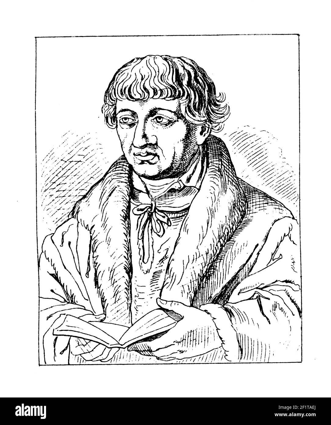 Antica illustrazione di un ritratto di Johannes Bugenhagen, riformatore di Pomerania. Nato il 24 giugno 1485 a Wollin, Pomerania, morì il 20 aprile Foto Stock