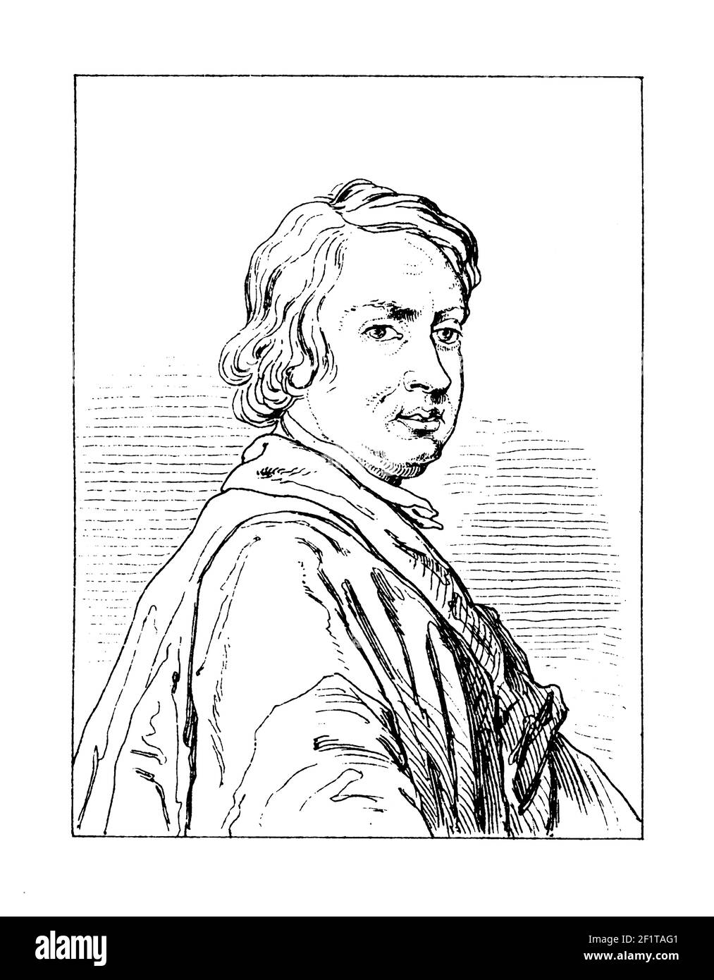 Antica illustrazione di un ritratto di John Dryden, poeta inglese, critico letterario, traduttore e drammaturgo. Nacque il 9 agosto 1631 ad Aldwi Foto Stock