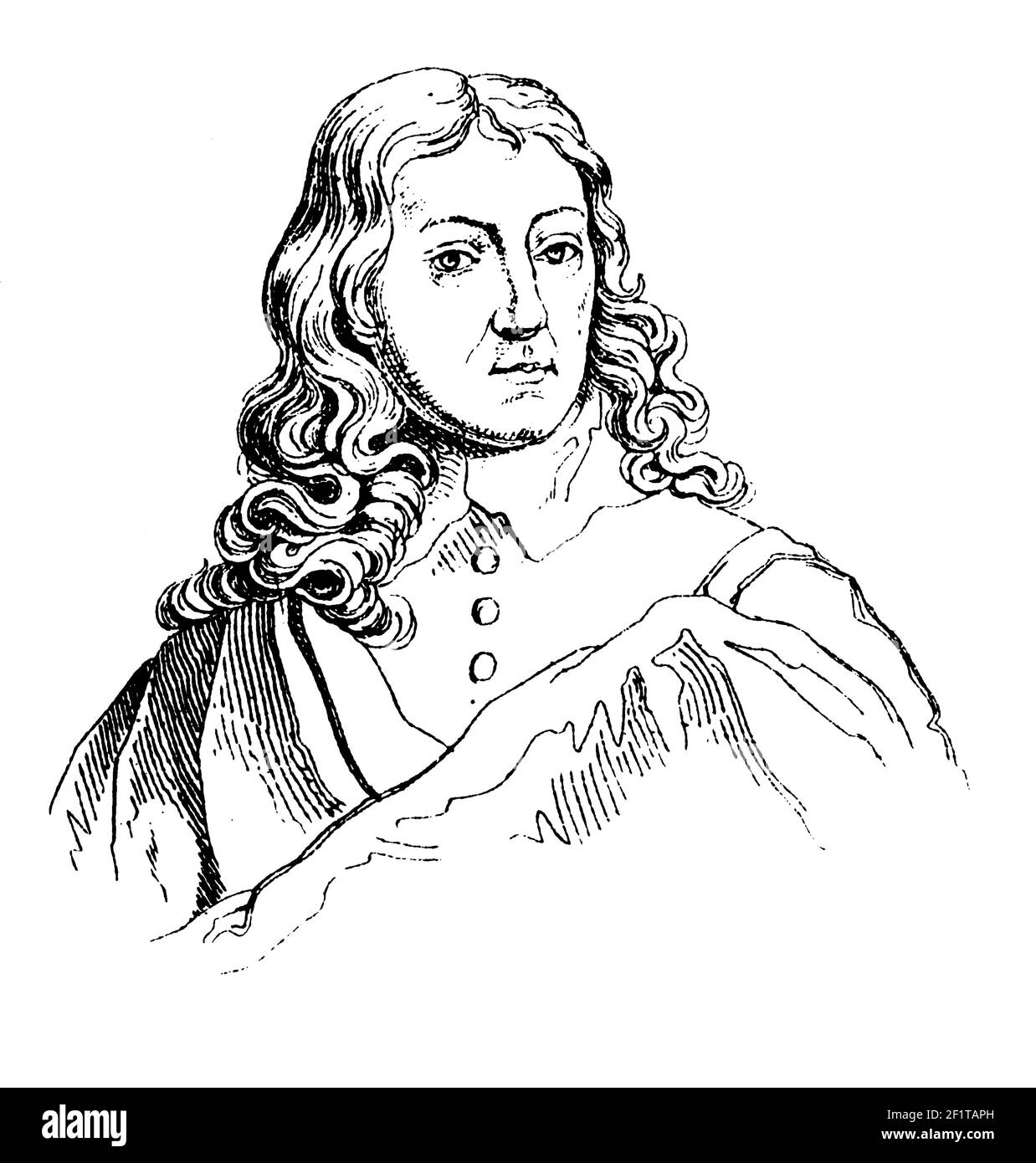 Antica illustrazione di un ritratto di John Milton, poeta, autore e polemista inglese. Nato il 9 dicembre 1608 a Londra, in Inghilterra, morì Foto Stock