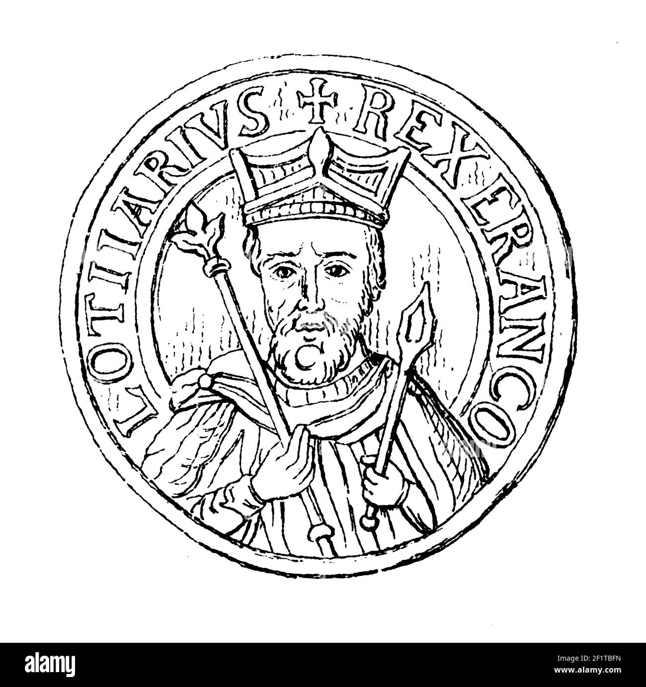 Incisione ottocentesca di un ritratto di Lotaria, re carolingio della Francia occidentale. Nato nel 941, morì il 2 marzo 986 a Laon, in Francia. Illustrazione Foto Stock