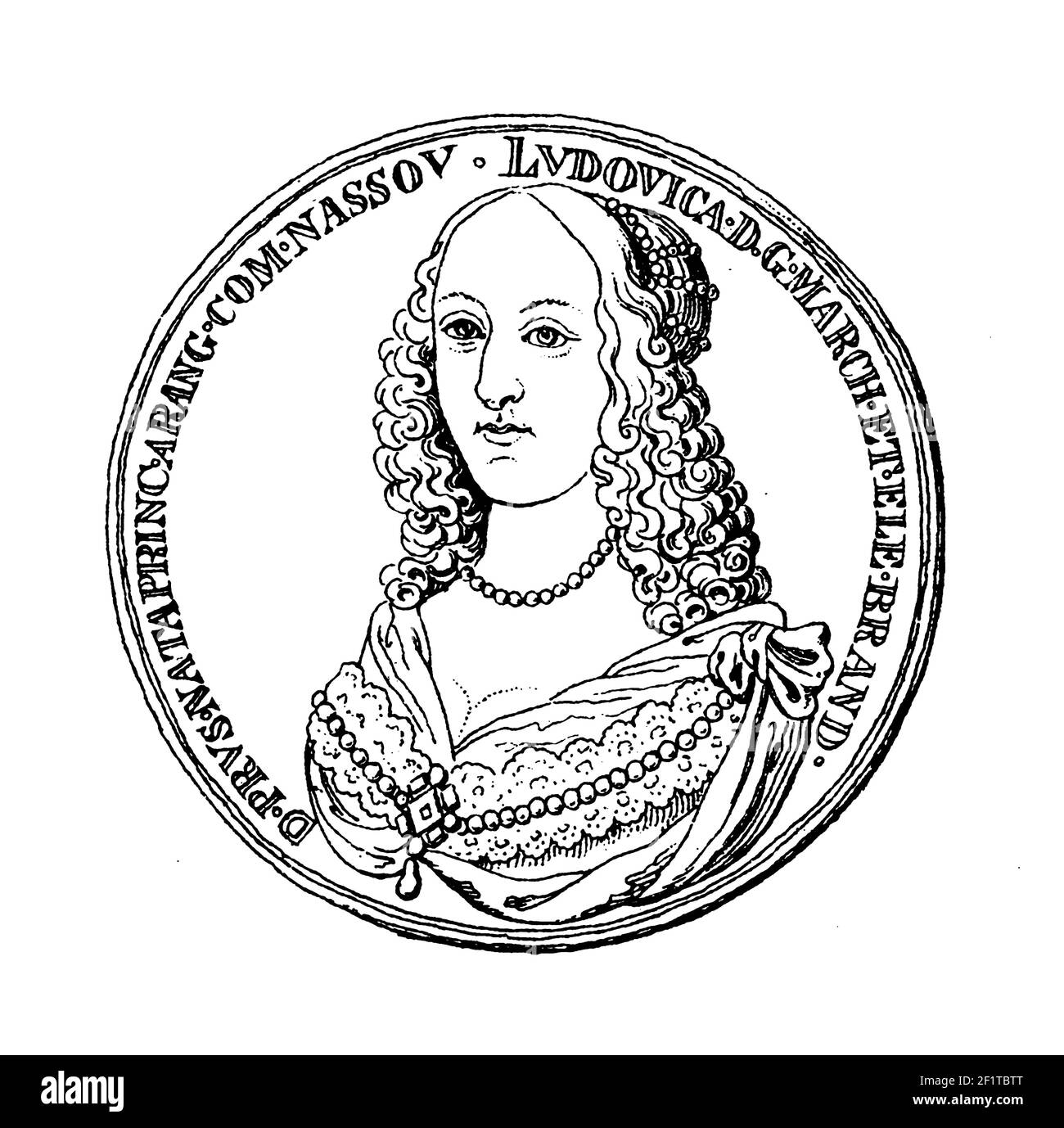 Illustrazione ottocentesca di un ritratto di Louise Henrietta, contessa di Nassau. Nata il 7 dicembre 1627 a l'Aia, nei Paesi Bassi, morì il mese di giugno Foto Stock