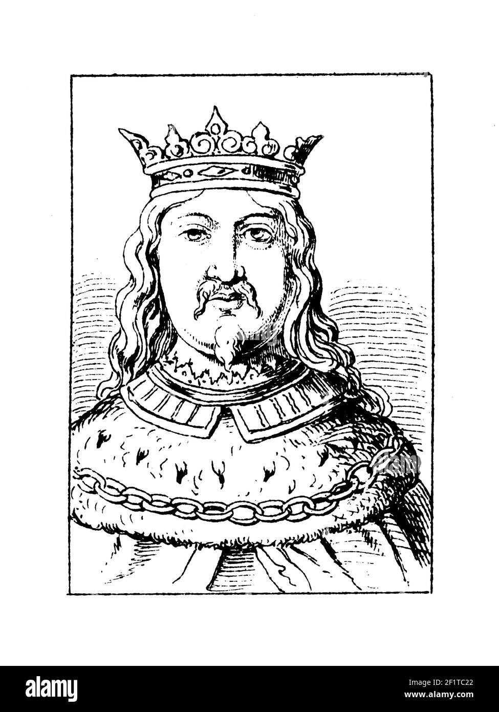 Antica illustrazione di un ritratto di Manuele i, re del Portogallo e degli Algarves. È nato il 31 maggio 1469 ad Alcochete, Regno del Portogallo e d Foto Stock