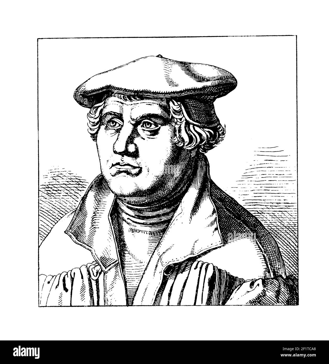 Illustrazione classica di un ritratto di Martin Lutero, iniziatore della riforma protestante. Lutero nacque il 10 novembre 1483 a Eisleben, Sassonia Foto Stock