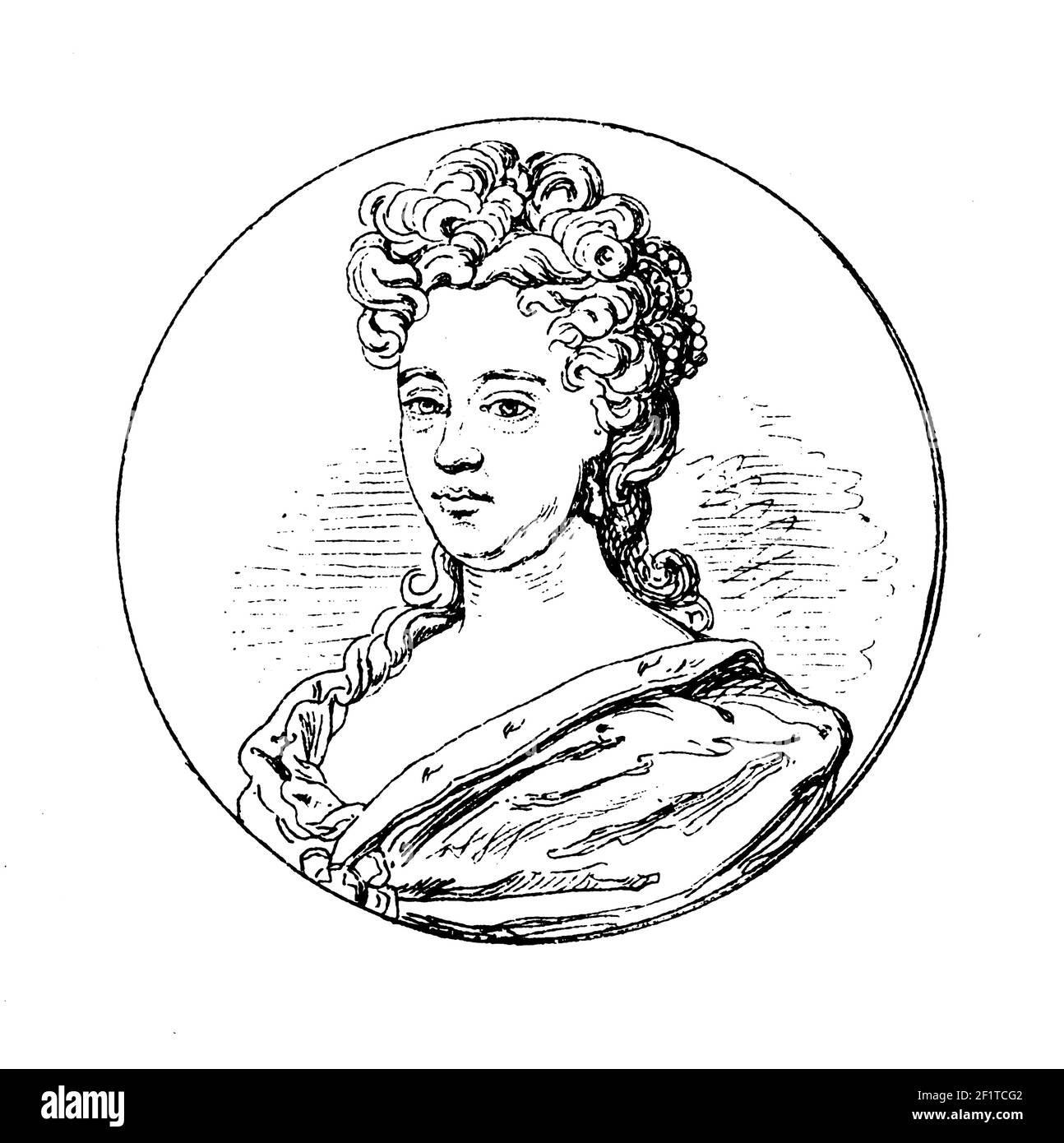 Antica illustrazione del XIX secolo di un ritratto di Maria II, Regina d'Inghilterra, Scozia e Irlanda. È nata il 30 aprile 1662 a Londra, Inghilterra Foto Stock