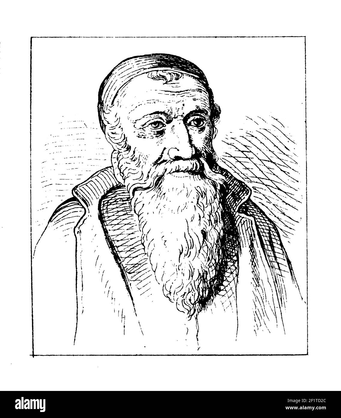 Incisione ottocentesca di un ritratto di Menno Simons, leader religioso Anabattista olandese. È nato nel 1496 a Witmarsum, Frisia, Olanda e. Foto Stock