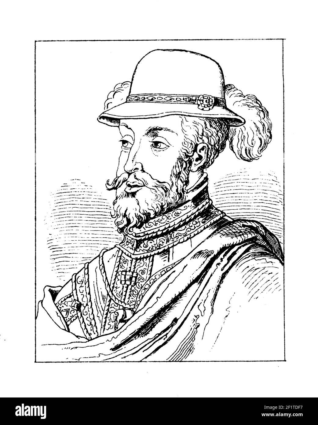 Incisione d'epoca di un ritratto di Filippo II, re di Spagna. Nato il 21 maggio 1527 a Valladolid, Spagna, morì il 13 settembre 1598 a Madrid Foto Stock