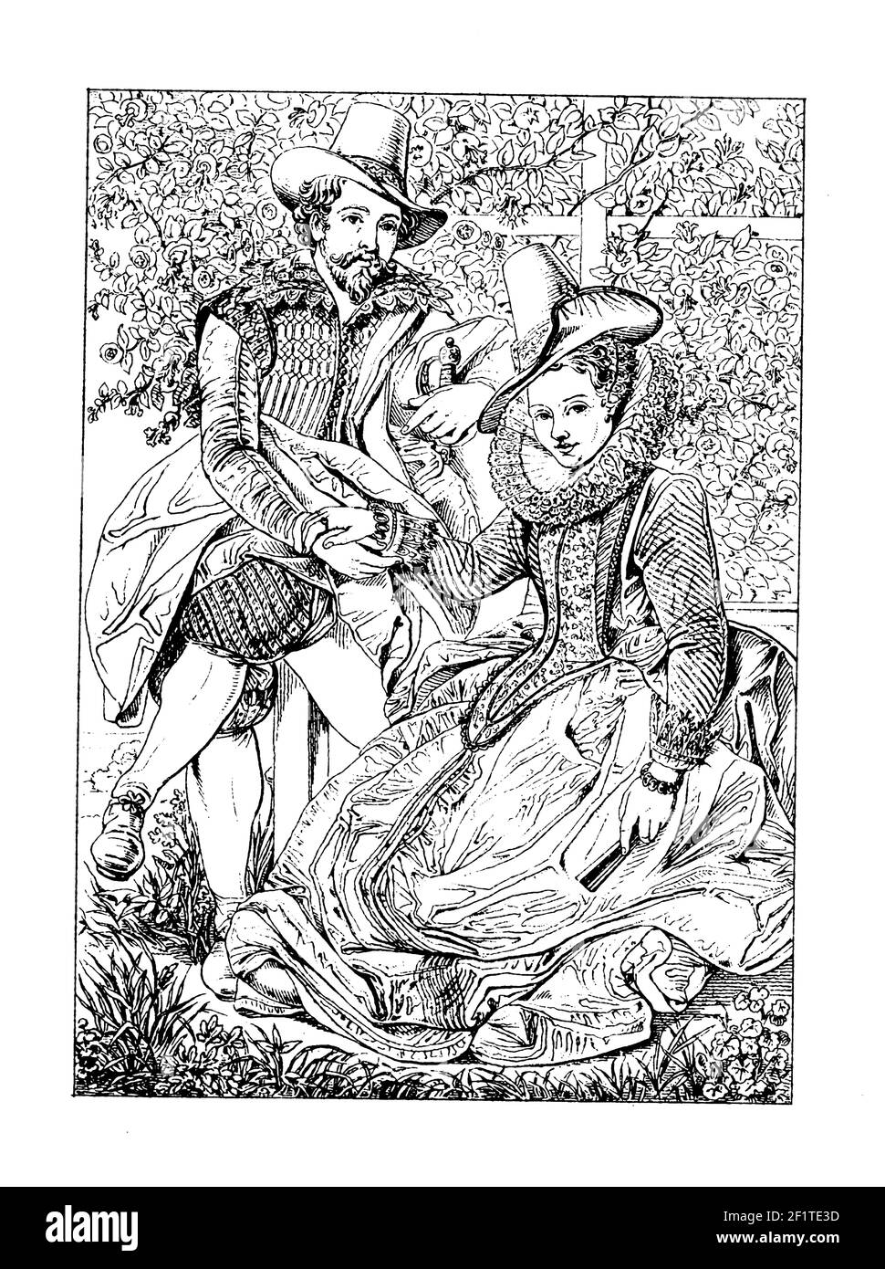 Incisione ottocentesca di una foto di Rubens e di sua moglie Isabella Brent. Illustrazione pubblicata in Bilder-Atlas zur Weltgeschichte nach Kunstwerken Foto Stock