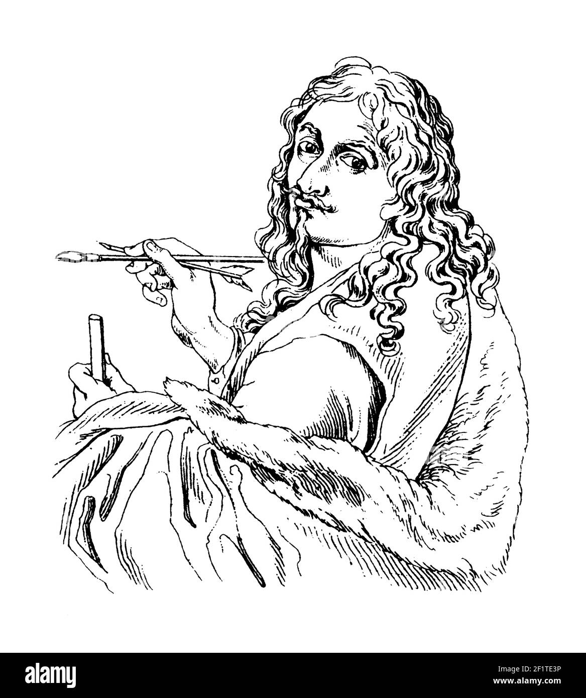 Illustrazione ottocentesca di un ritratto di Salvator Rosa, pittore barocco italiano, poeta e stampatore. Nata nel 1615 ad Arenella, in Italia, Rosa morì Foto Stock Illustrazione ottocentesca di un ritratto di Salvator Rosa, pittore barocco italiano, poeta e stampatore. Nata nel 1615 ad Arenella, in Italia, Rosa morì Foto Stock