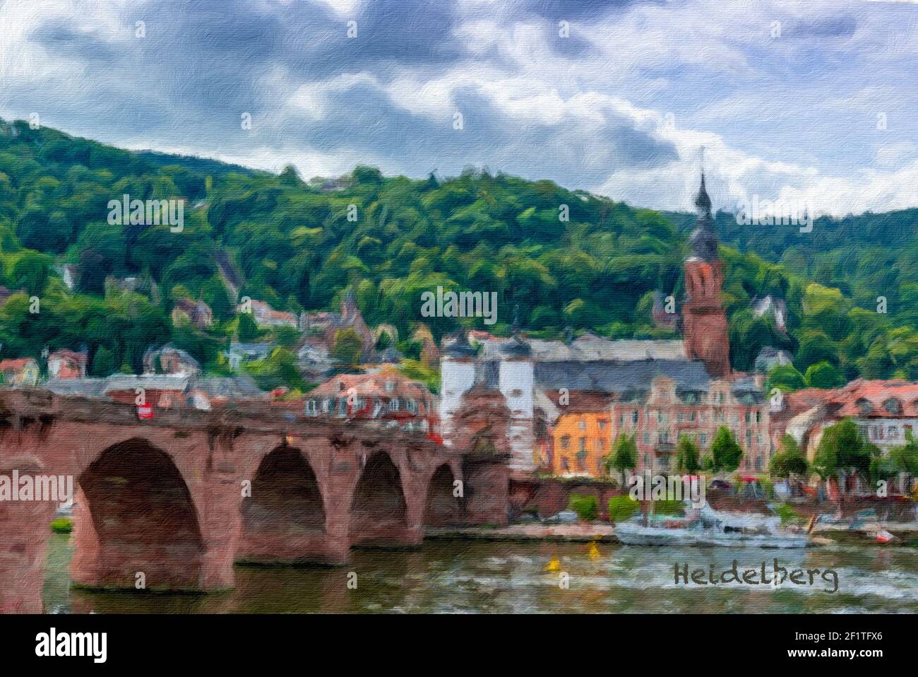 Dipinto digitale a olio del centro storico di Heidelberg Foto Stock