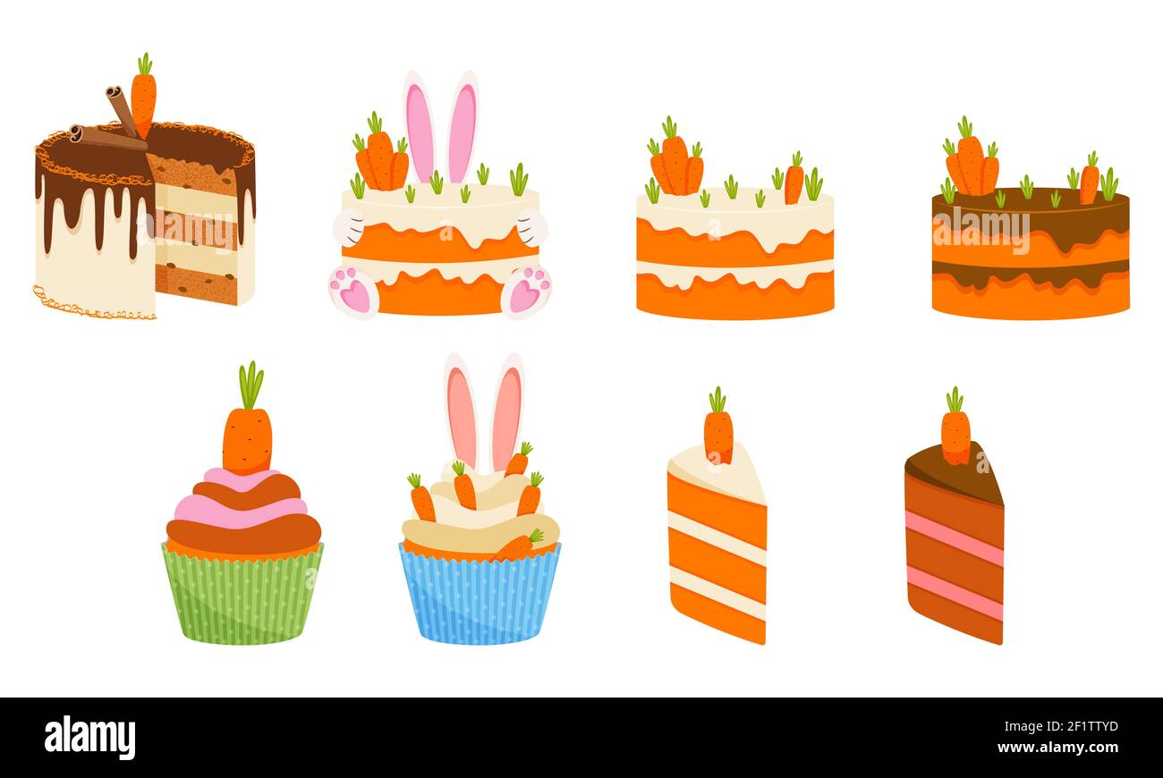 Set di torte di carote e cupcake. Illustrazione vettoriale. Illustrazione Vettoriale