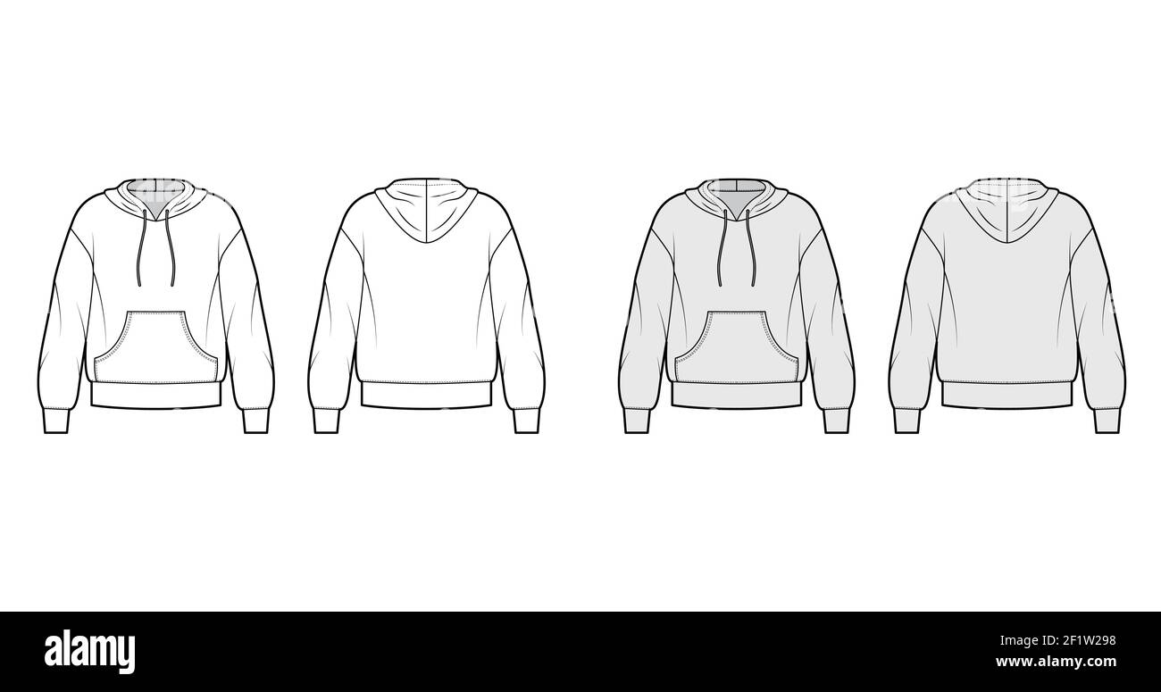 Felpa con cappuccio illustrazione tecnica della moda con maniche lunghe, borsa a canguro, orlo con archetto, cordoncino. Modello di abbigliamento piatto grande frontale, posteriore, bianco, grigio. Donne, uomini, unisex CAD mockup Illustrazione Vettoriale