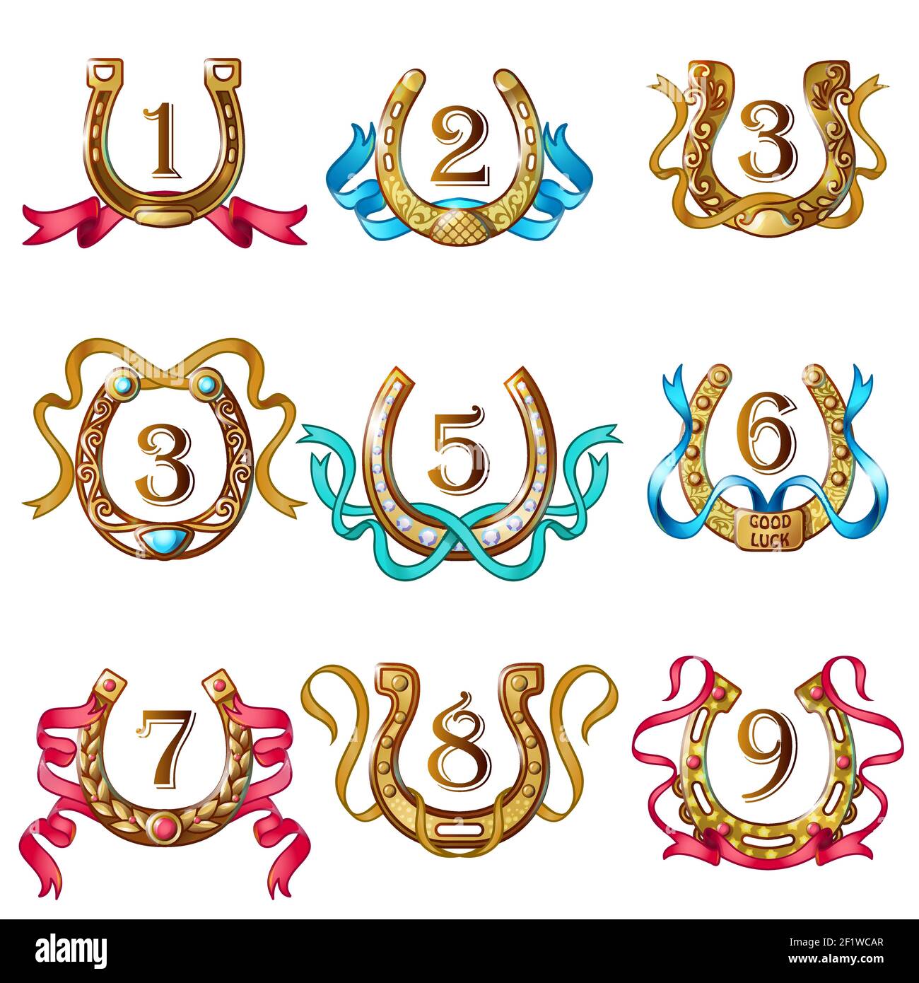 Collezione di ferro di cavallo ornato in oro con numeri e nastri curvati colorati in stile cartoon illustrazione vettoriale isolata Illustrazione Vettoriale